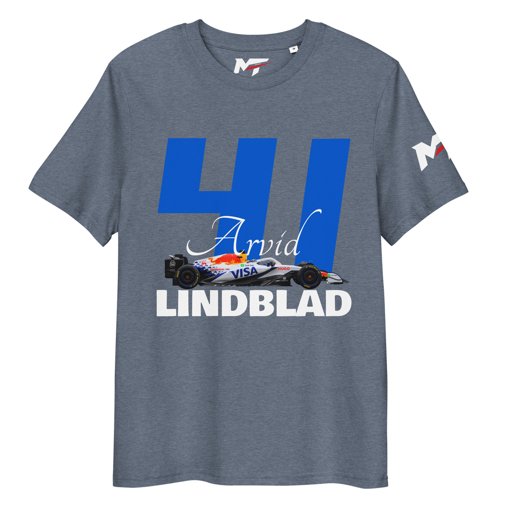 Motorthreadz Arvid Lindblad Formula1 t-shirt in Dark Heather Blue featuring a racing inspired graphic design