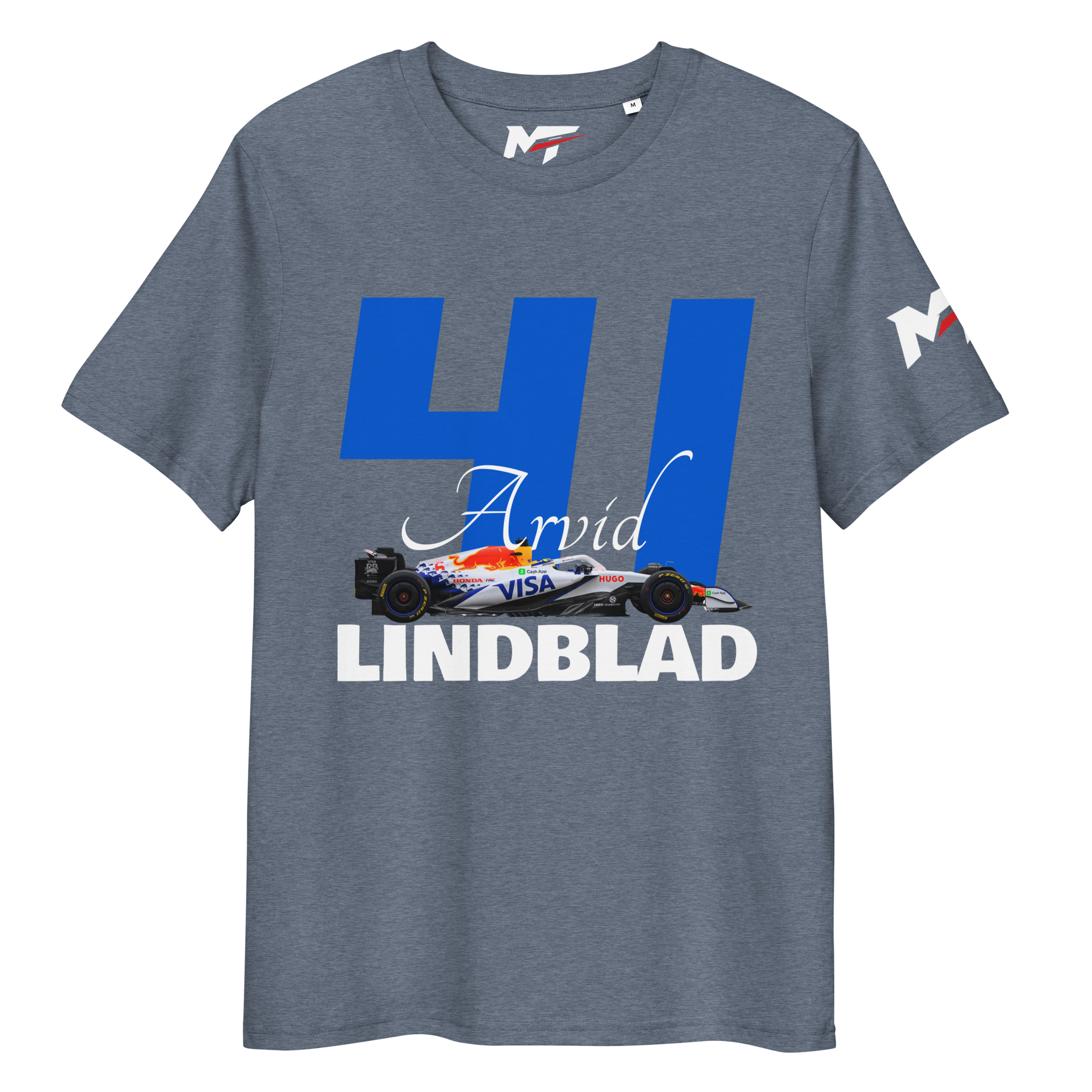 Motorthreadz Arvid Lindblad Formula1 t-shirt in Dark Heather Blue featuring a racing inspired graphic design