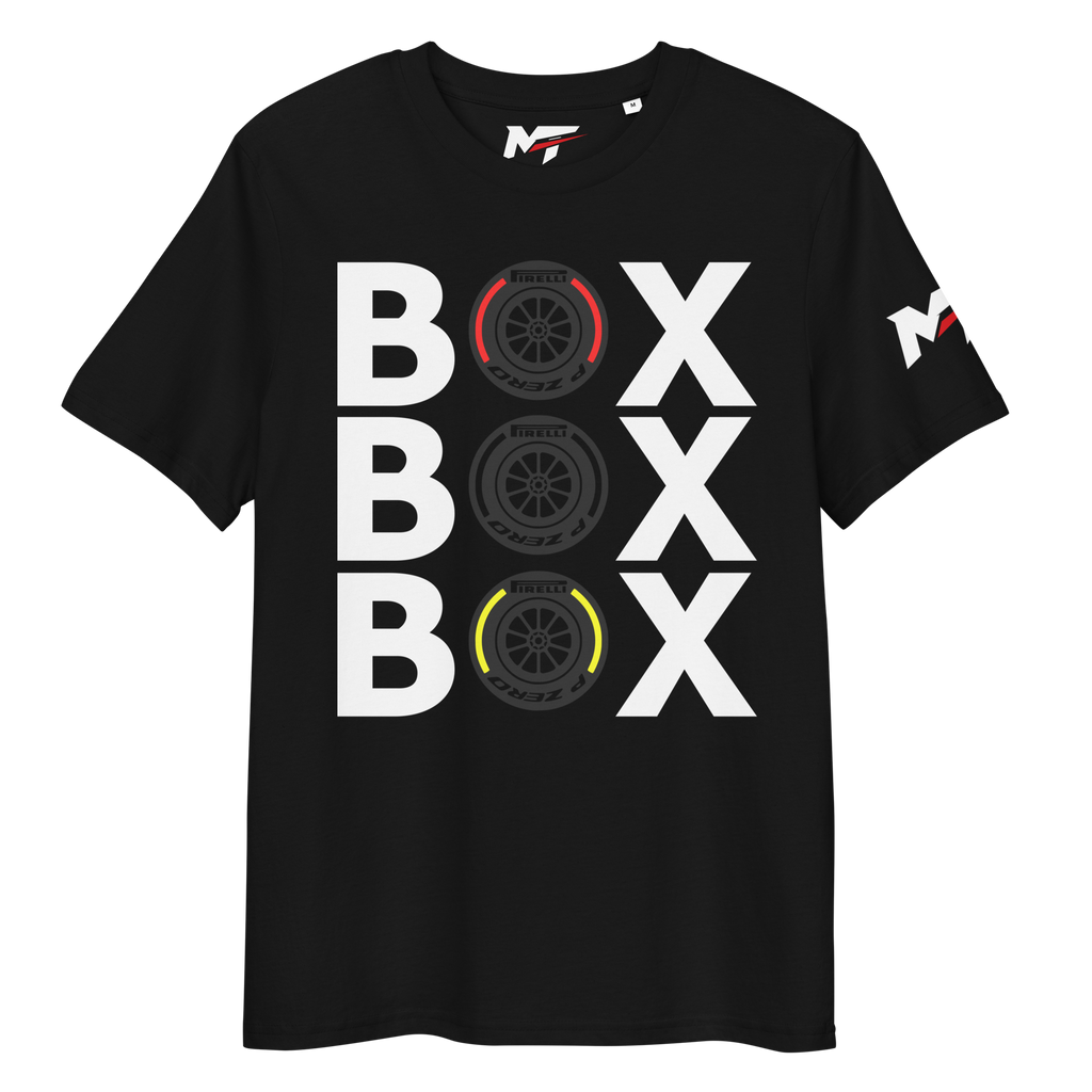 Motorthreadz Box Box Box Formula1 t-shirt in Black featuring a racing inspired graphic design