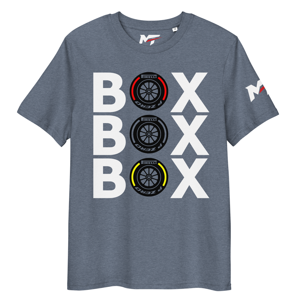 Motorthreadz Box Box Box Formula1 t-shirt in Dark Heather Blue featuring a racing inspired graphic design