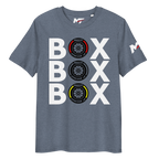 Motorthreadz Box Box Box Formula1 t-shirt in Dark Heather Blue featuring a racing inspired graphic design