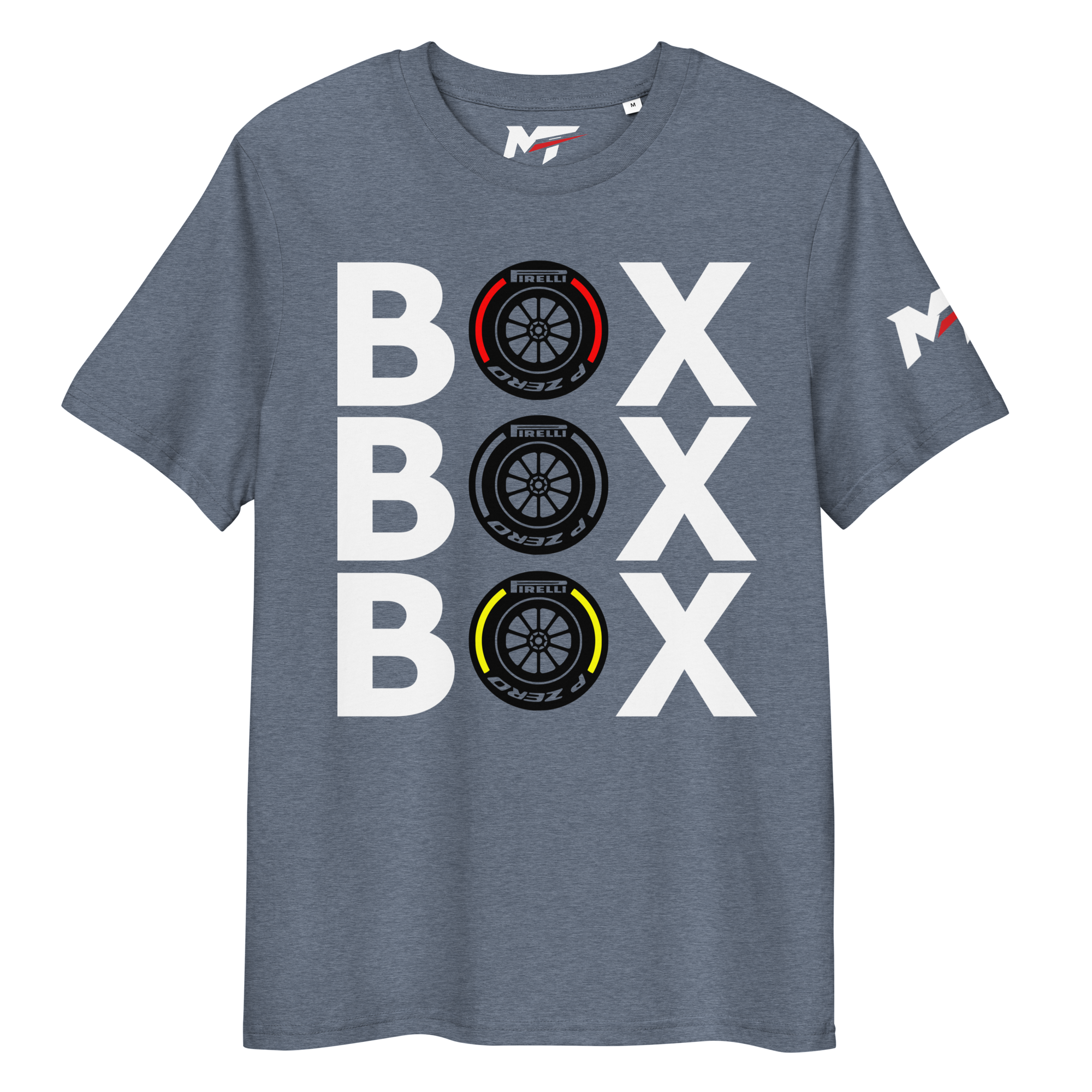 Motorthreadz Box Box Box Formula1 t-shirt in Dark Heather Blue featuring a racing inspired graphic design