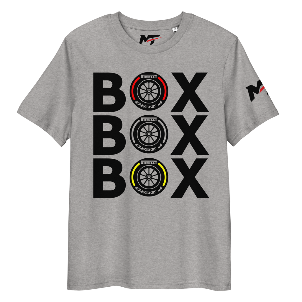 Motorthreadz Box Box Box Formula1 t-shirt in Heather Grey featuring a racing inspired graphic design