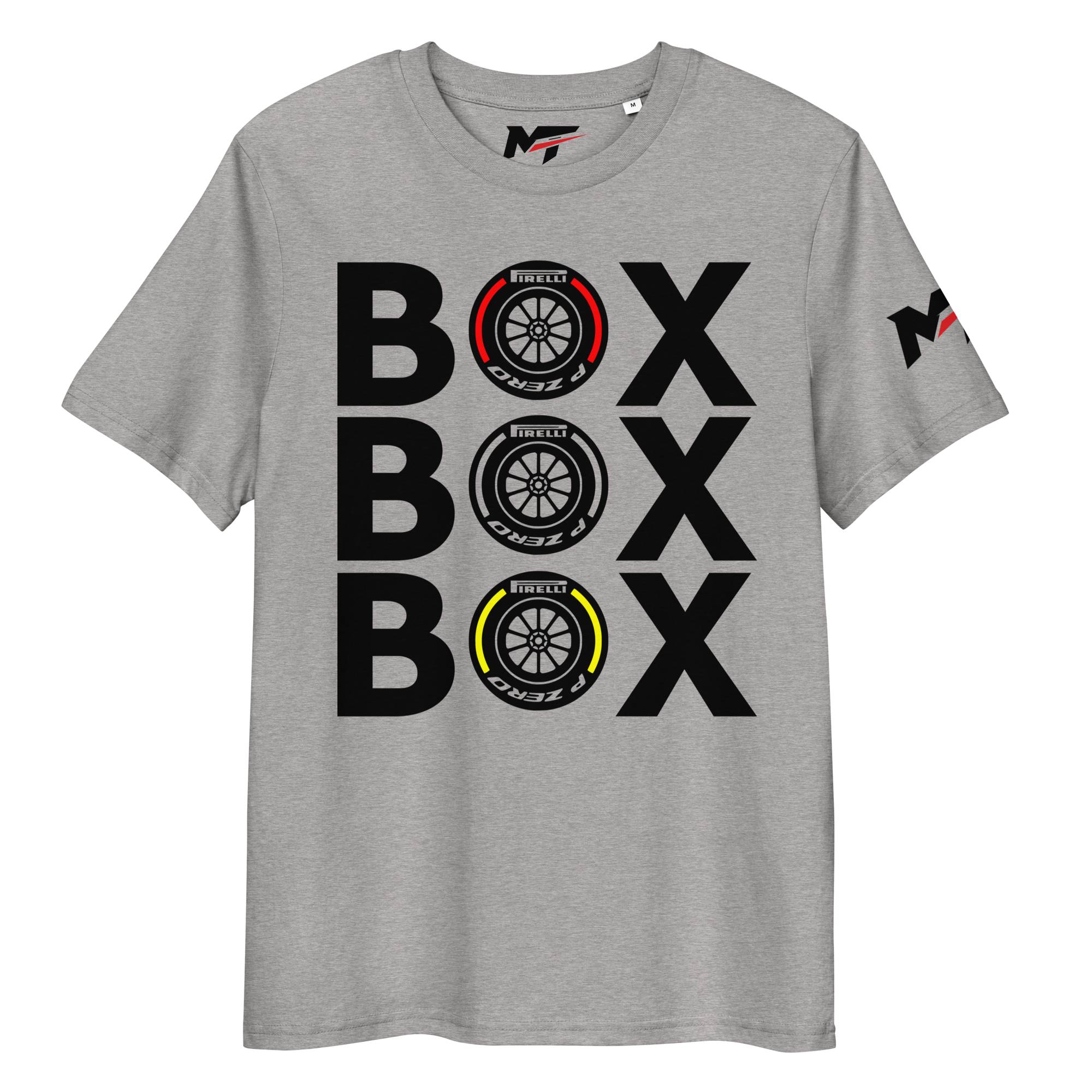 Motorthreadz Box Box Box Formula1 t-shirt in Heather Grey featuring a racing inspired graphic design