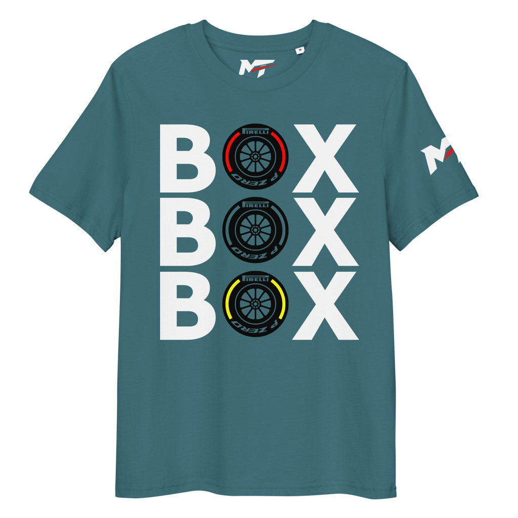 Motorthreadz Box Box Box Formula1 t-shirt in Stargazer featuring a racing inspired graphic design