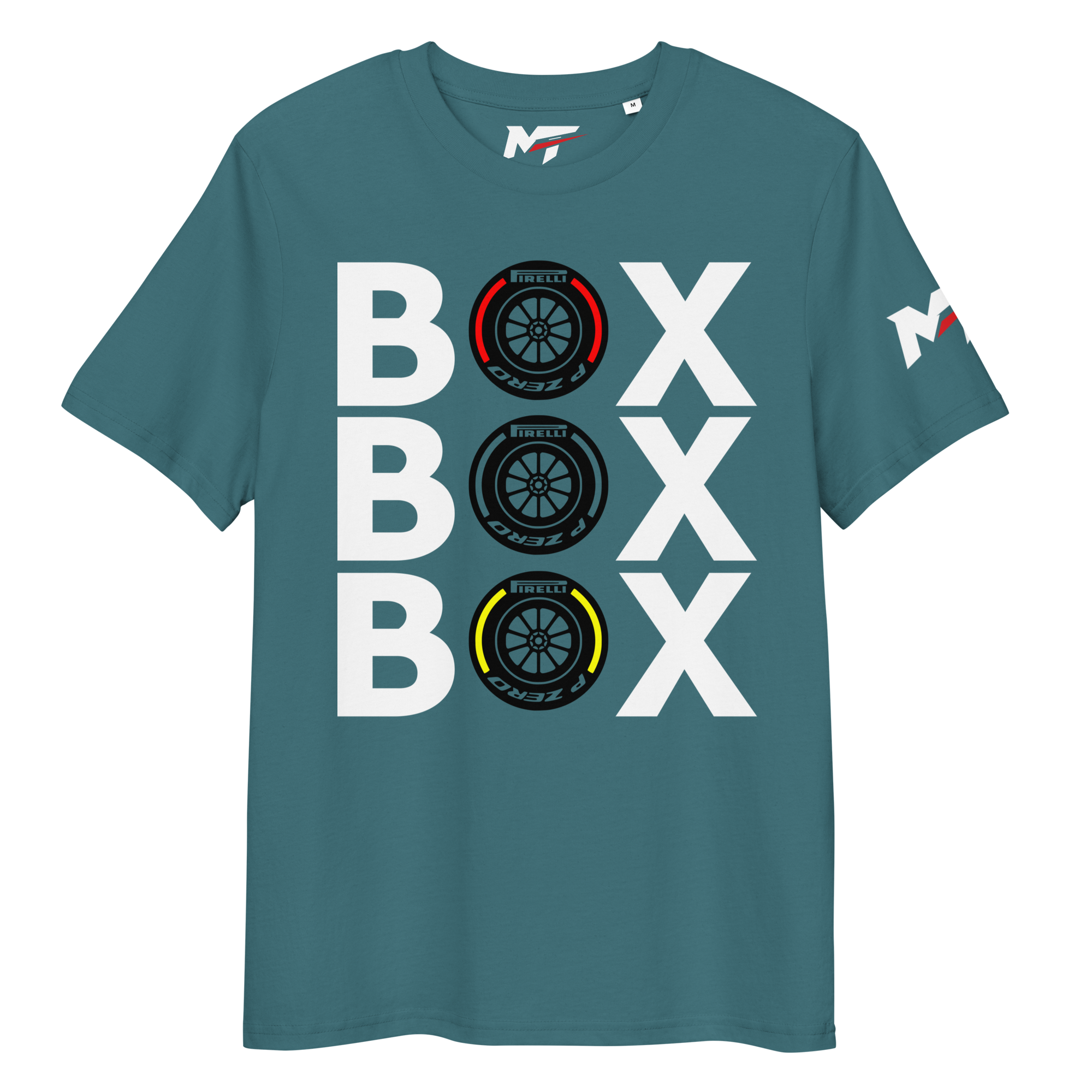 Motorthreadz Box Box Box Formula1 t-shirt in Stargazer featuring a racing inspired graphic design