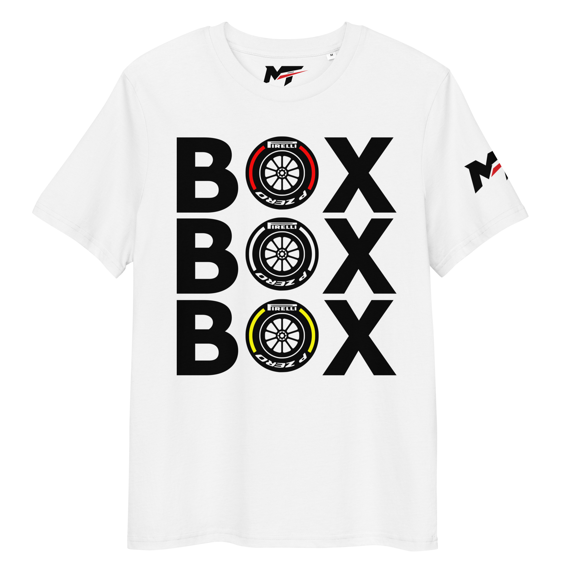 Motorthreadz Box Box Box Formula1 t-shirt in White featuring a racing inspired graphic design