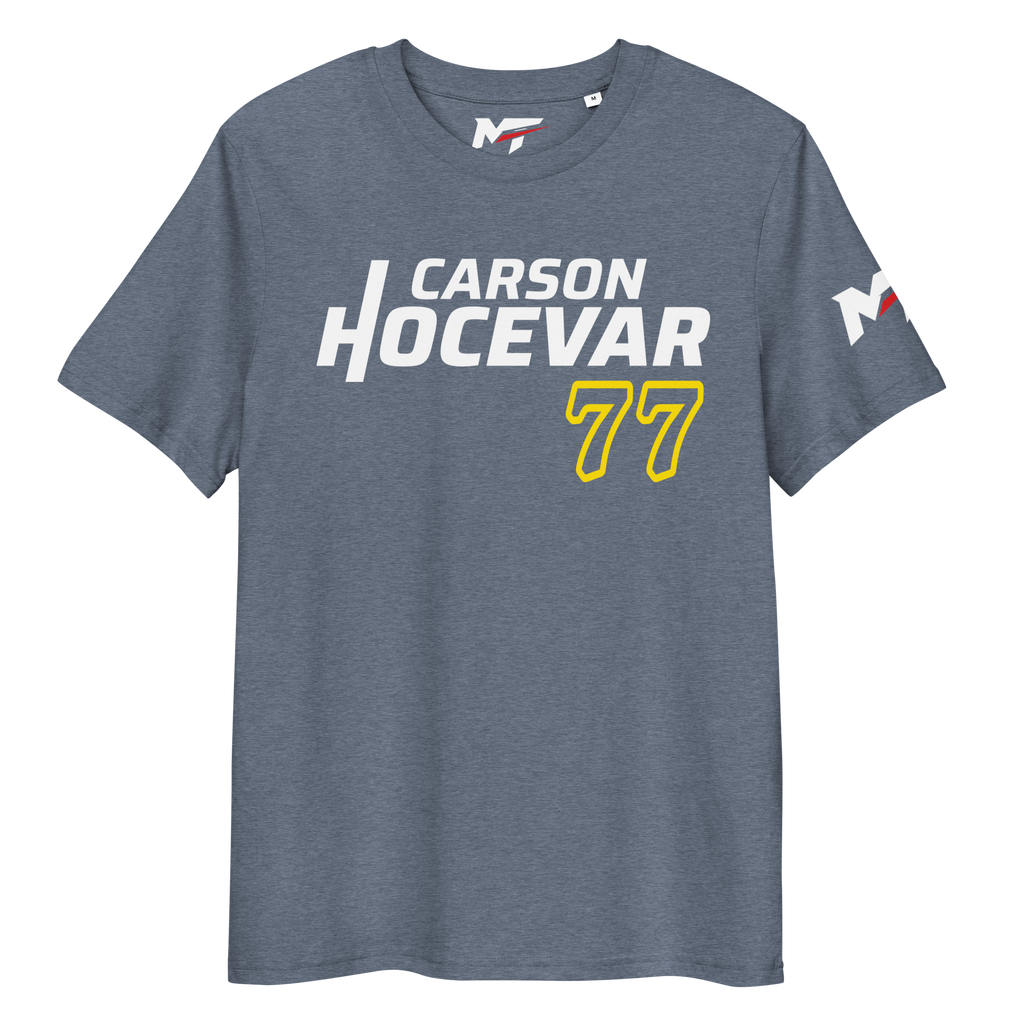 Motorthreadz Carson Hocevar Nascar t-shirt in Dark Heather Blue featuring a racing inspired graphic design