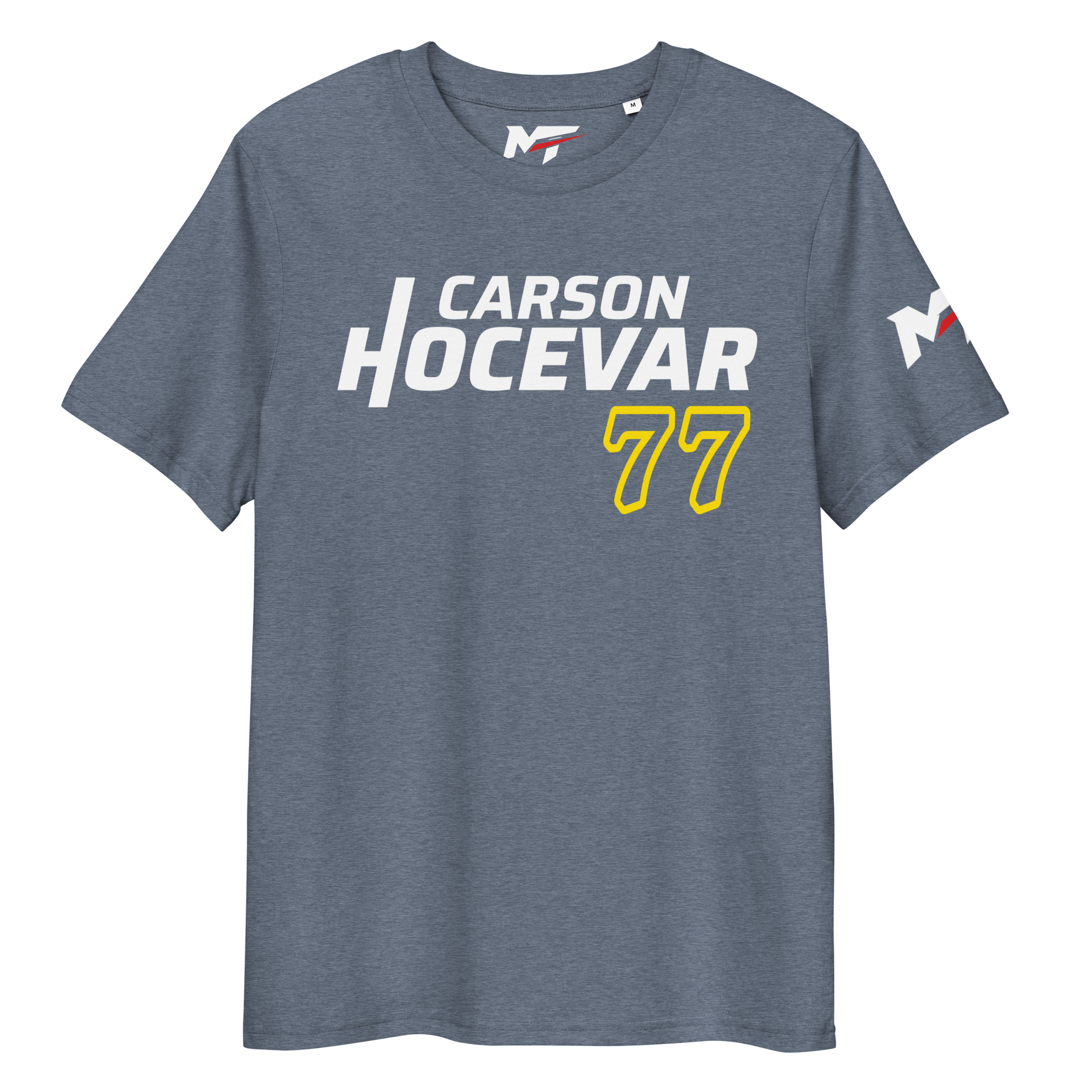 Motorthreadz Carson Hocevar Nascar t-shirt in Dark Heather Blue featuring a racing inspired graphic design