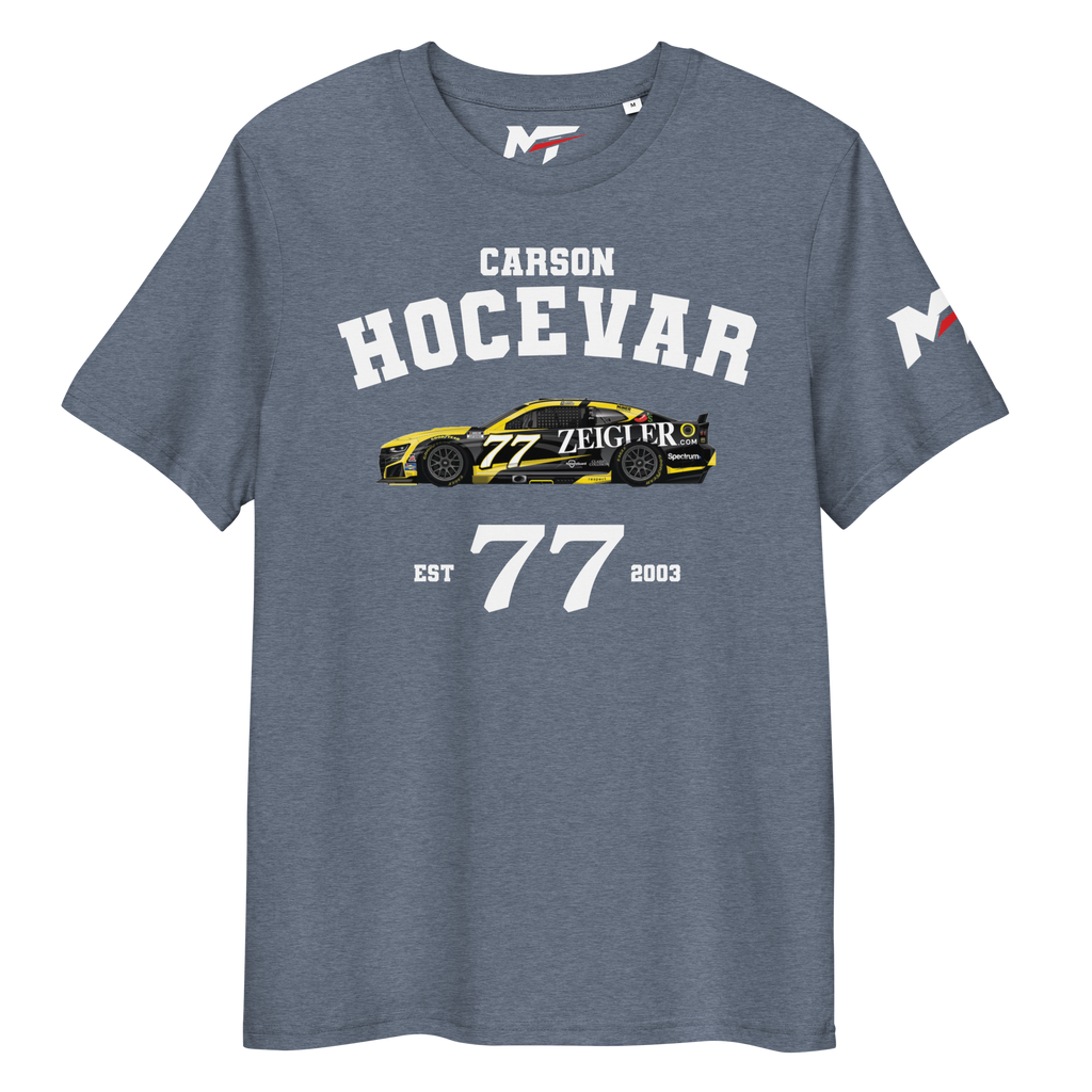 Motorthreadz Carson Hocevar Nascar t-shirt in Dark Heather Blue featuring a racing inspired graphic design