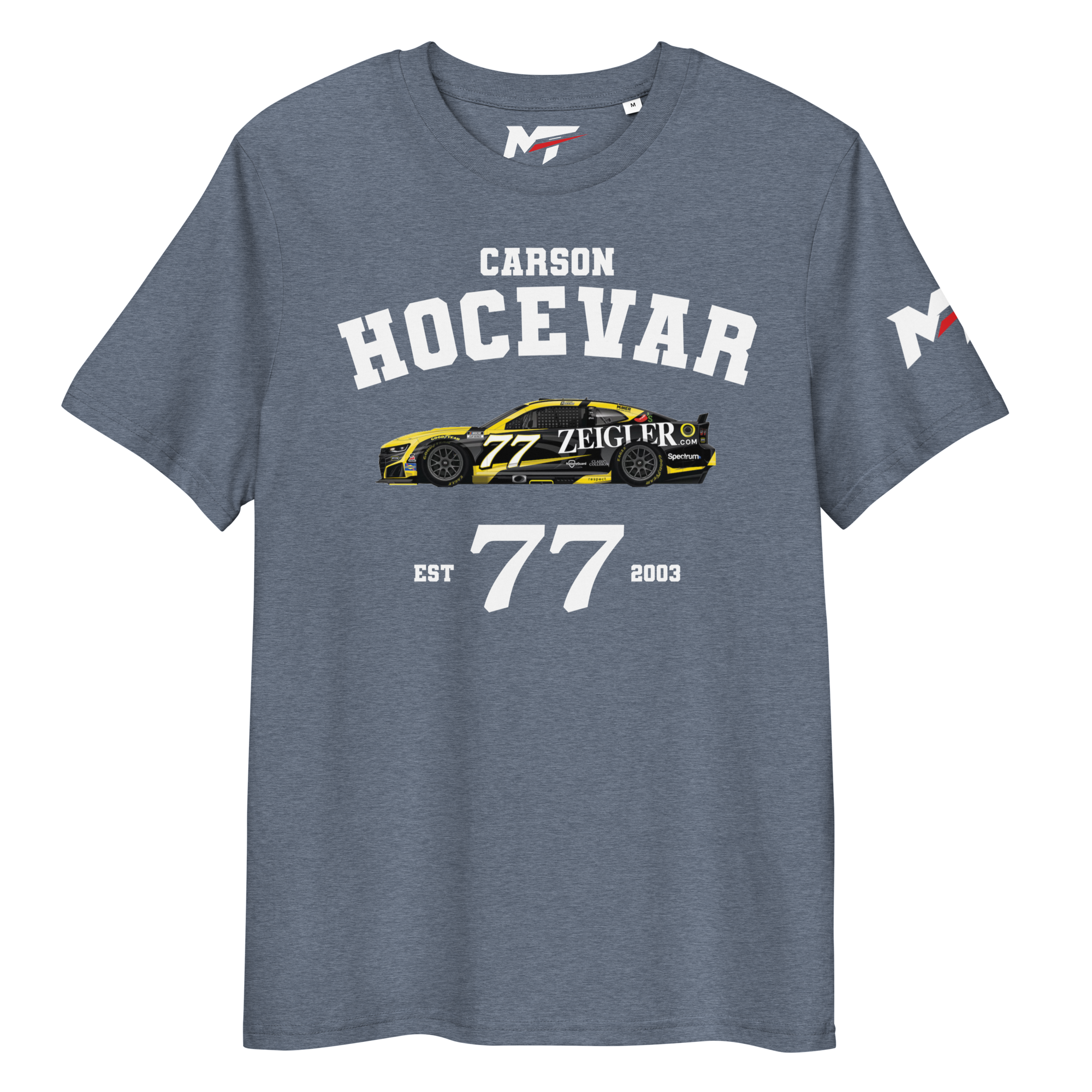 Motorthreadz Carson Hocevar Nascar t-shirt in Dark Heather Blue featuring a racing inspired graphic design