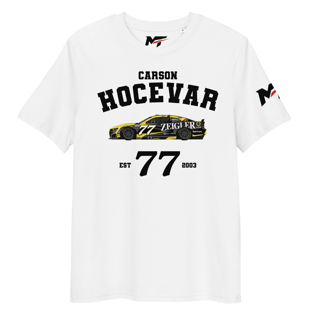 Motorthreadz Carson Hocevar Nascar t-shirt in White featuring a racing inspired graphic design