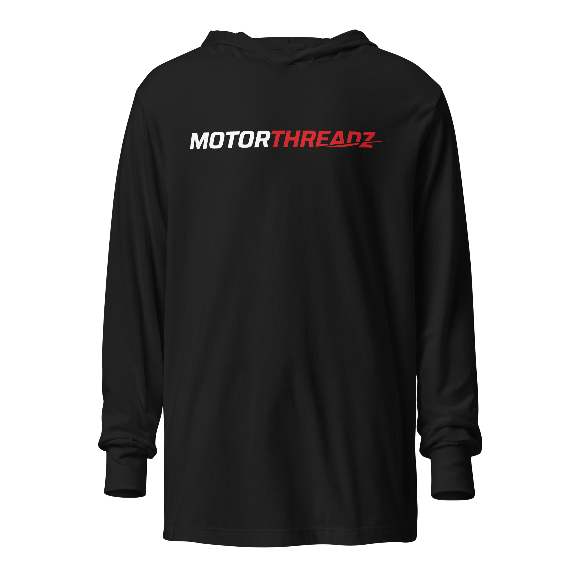 Motorthreadz Core hooded long sleeve t-shirt in Black featuring the MotorThreadz logo at the front