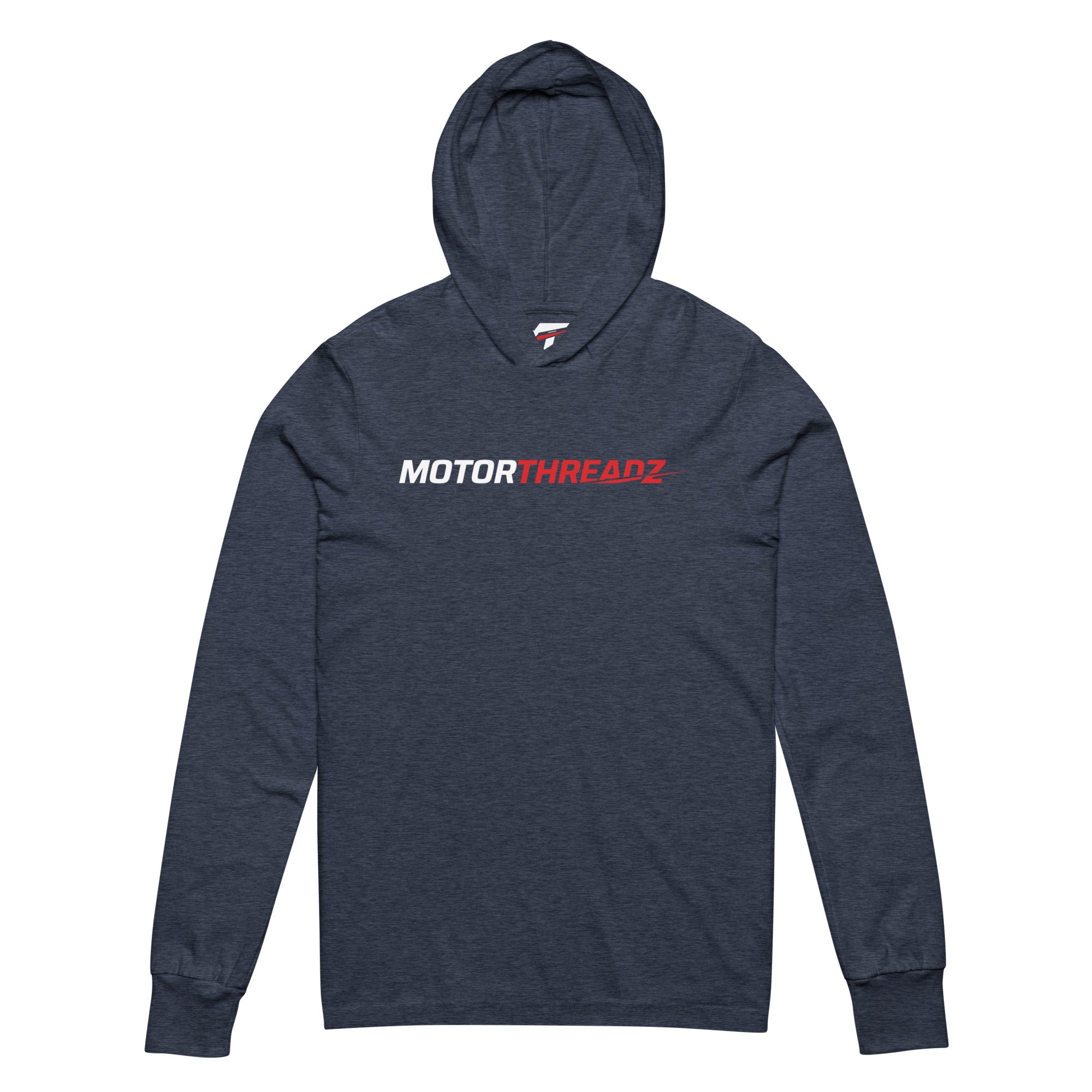 Motorthreadz Core hooded long sleeve t-shirt in Heather Navy featuring the MotorThreadz logo at the front