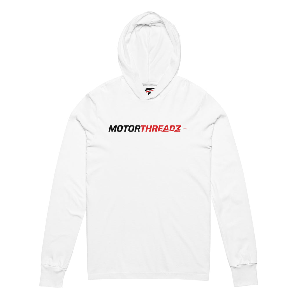 Motorthreadz Core hooded long sleeve t-shirt in White featuring the MotorThreadz logo at the front