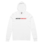 Motorthreadz Core hooded long sleeve t-shirt in White featuring the MotorThreadz logo at the front