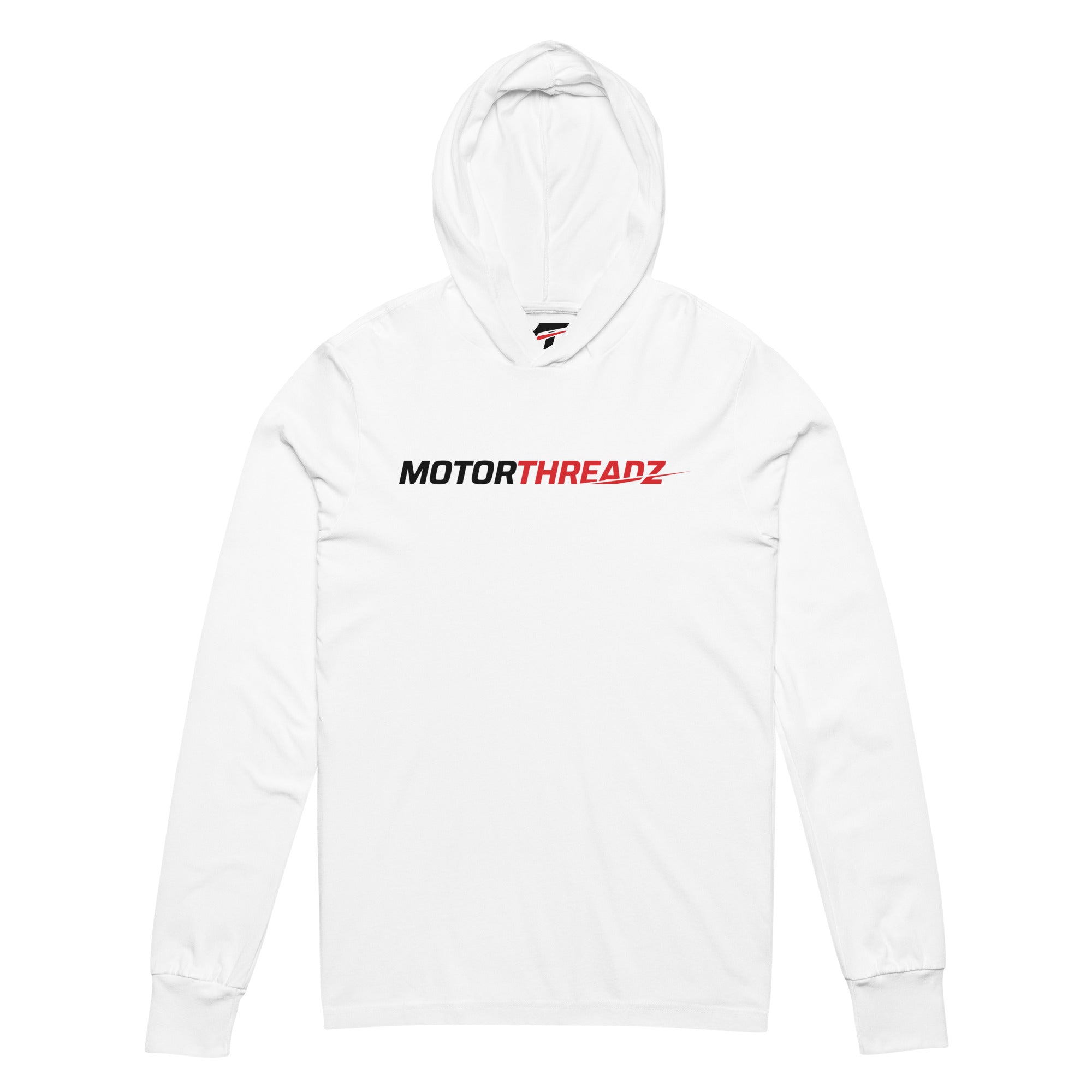 Motorthreadz Core hooded long sleeve t-shirt in White featuring the MotorThreadz logo at the front