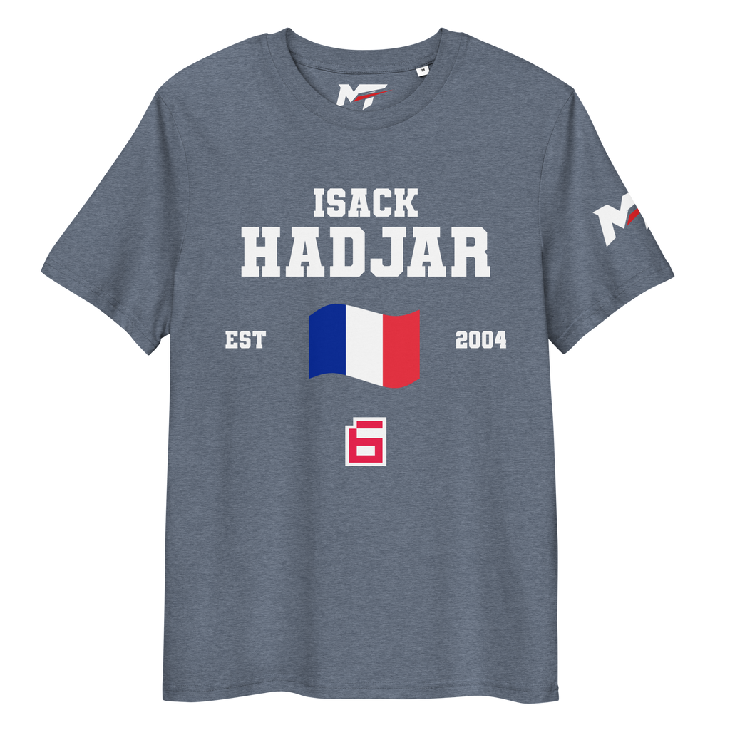 Motorthreadz Isack Hadjar Formula1 t-shirt in Dark Heather Blue featuring a racing inspired graphic design