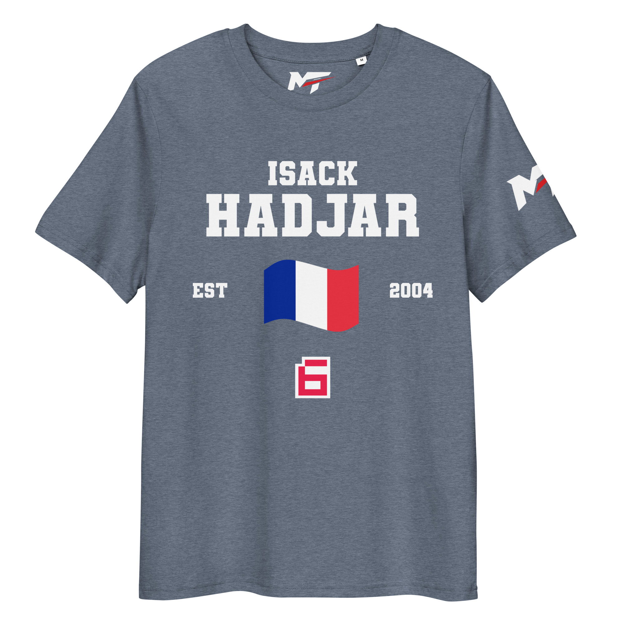 Motorthreadz Isack Hadjar Formula1 t-shirt in Dark Heather Blue featuring a racing inspired graphic design