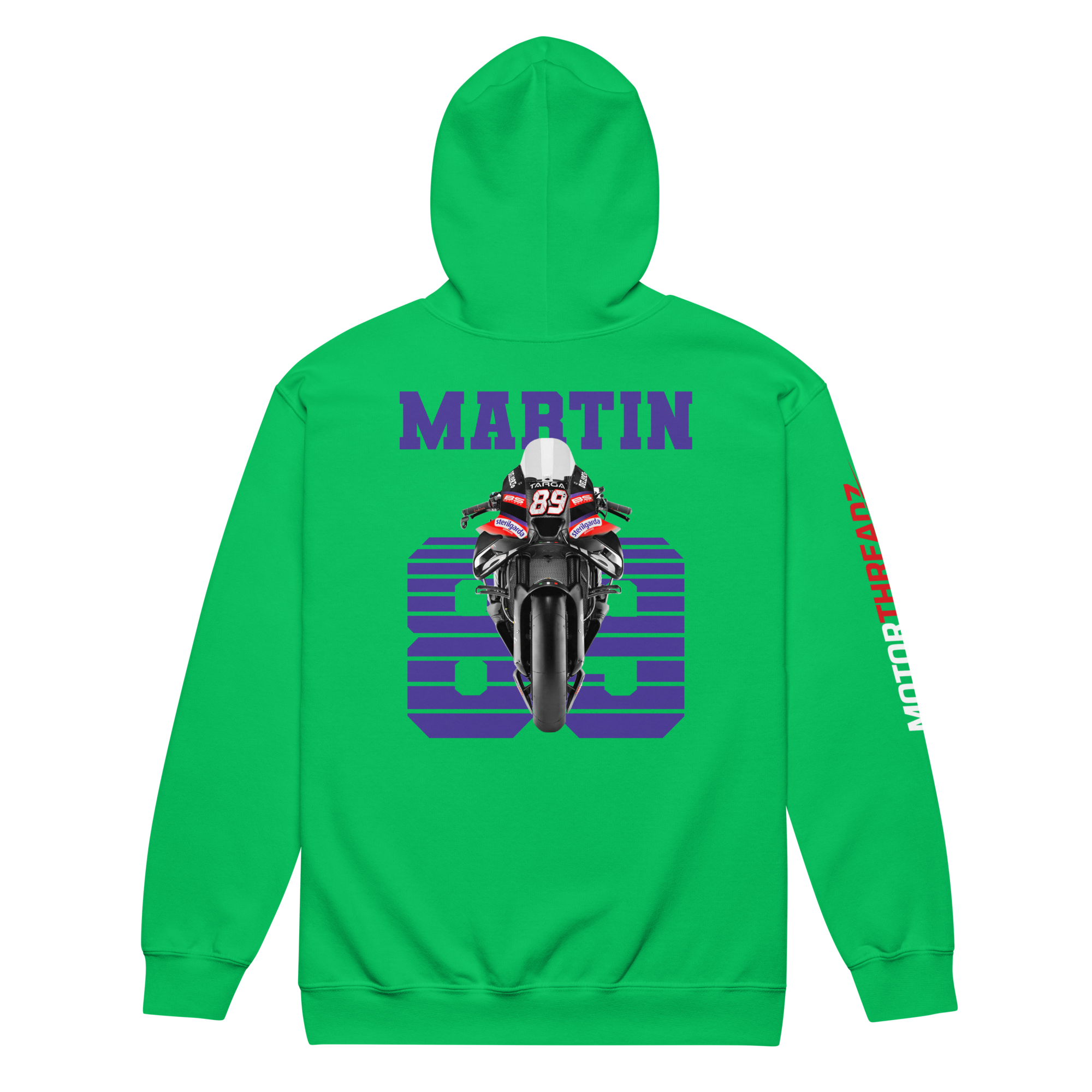 Motorthreadz Jorge Martin Motogp zip hoodie in Irish Green featuring a racing inspired graphic design