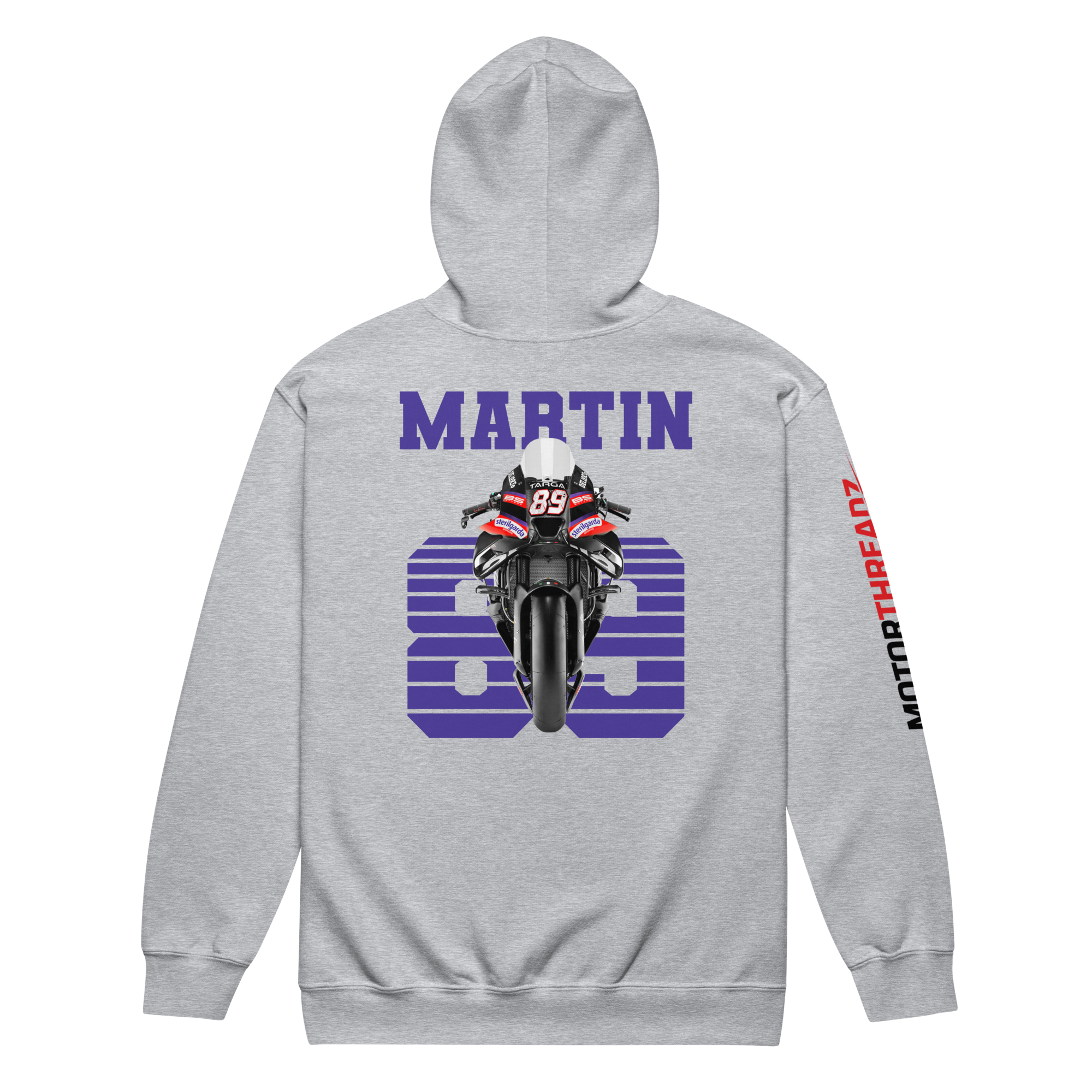 Motorthreadz Jorge Martin Motogp zip hoodie in Sport Grey featuring a racing inspired graphic design