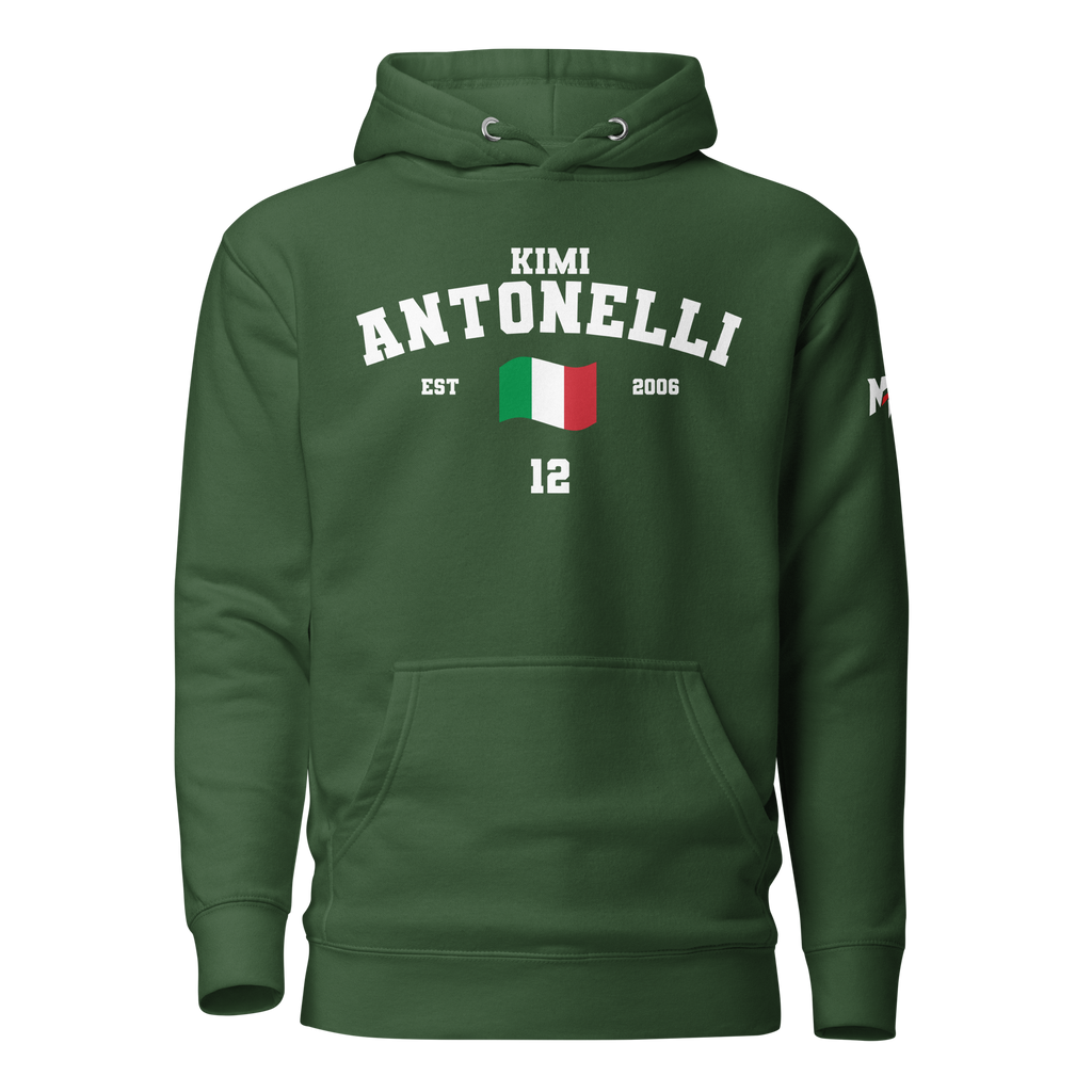 Motorthreadz Kimi Antonelli Formula1 hoodie in Forest Green featuring a racing inspired graphic design