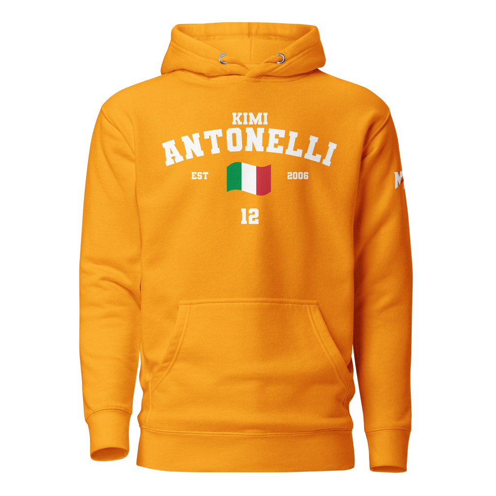 Motorthreadz Kimi Antonelli Formula1 hoodie in Team Gold featuring a racing inspired graphic design