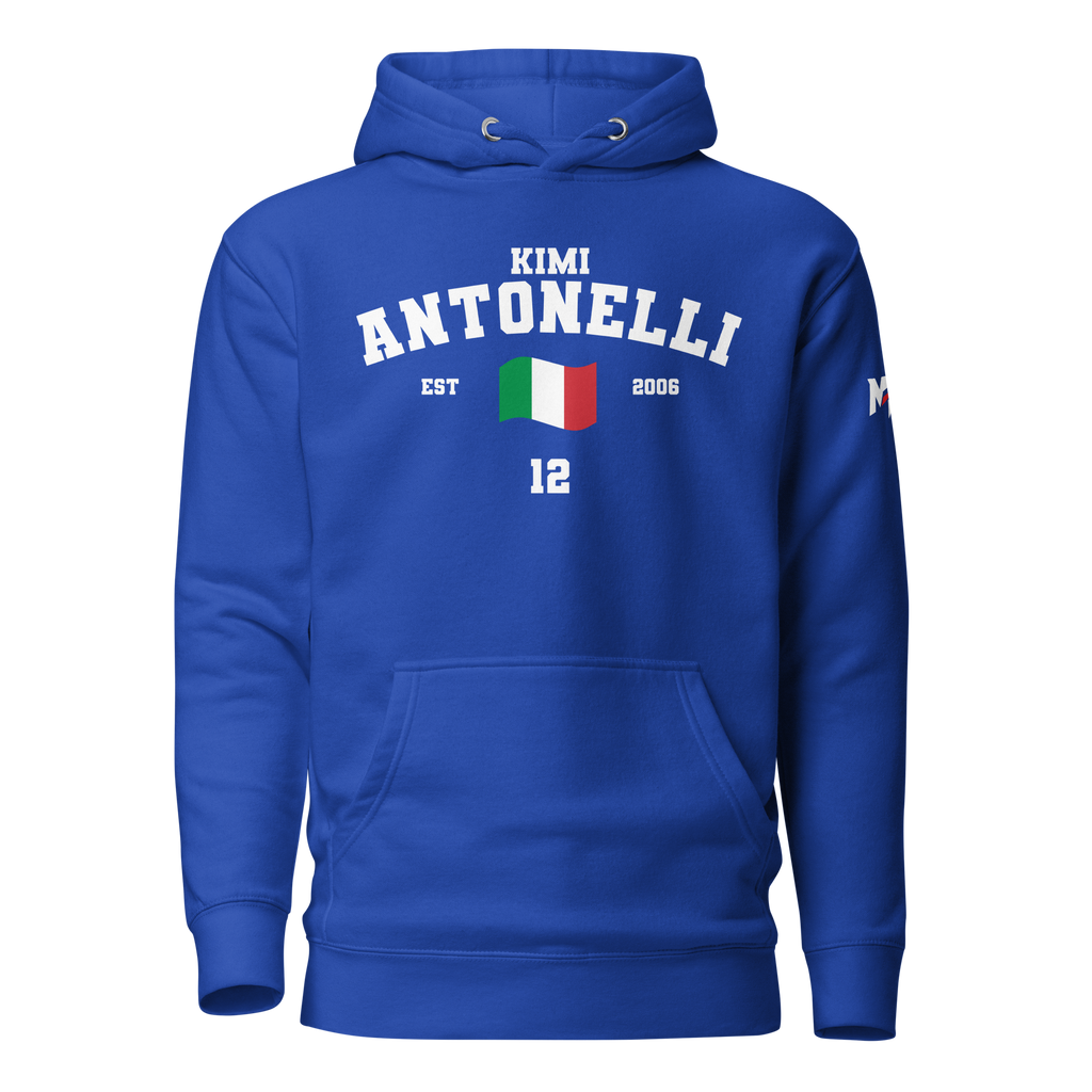 Motorthreadz Kimi Antonelli Formula1 hoodie in Team Royal featuring a racing inspired graphic design
