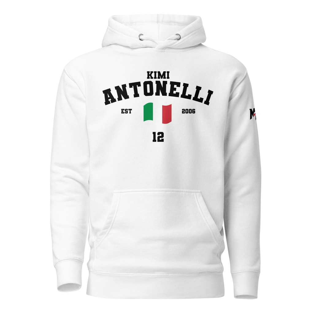 Motorthreadz Kimi Antonelli Formula1 hoodie in White featuring a racing inspired graphic design