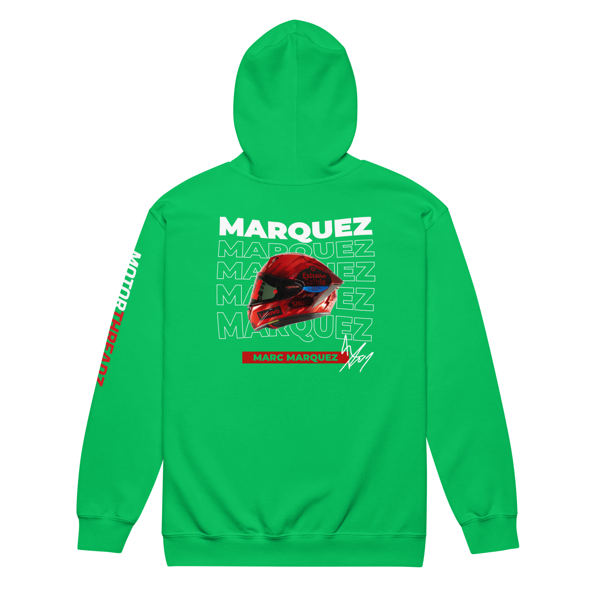 Motorthreadz Marc Marquez Motogp zip hoodie in Irish Green featuring a racing inspired graphic design