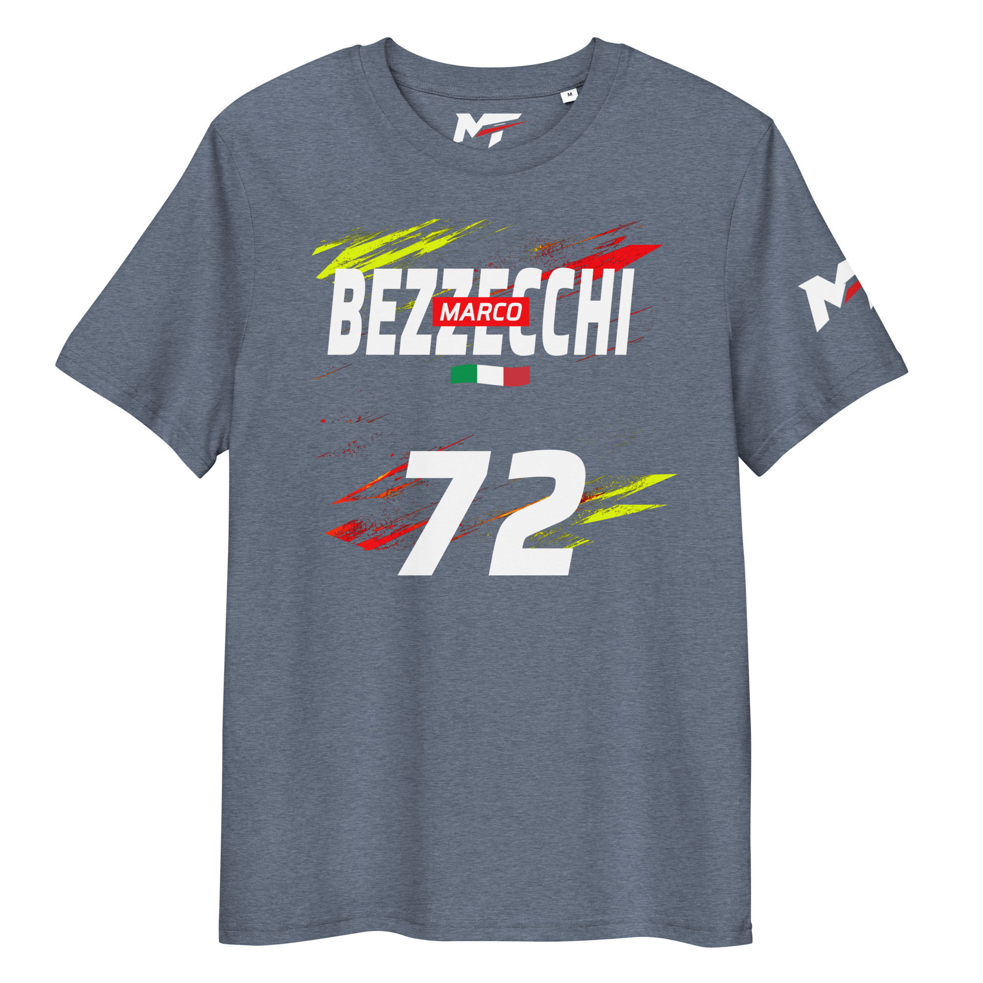 Motorthreadz Marco Bezzecchi Motogp t-shirt in Dark Heather Blue featuring a racing inspired graphic design