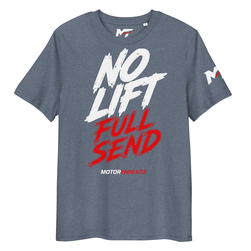 Motorthreadz No Lift Full Send Motorsports t-shirt in Dark Heather Blue featuring a racing inspired graphic design