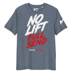 Motorthreadz No Lift Full Send Motorsports t-shirt in Dark Heather Blue featuring a racing inspired graphic design