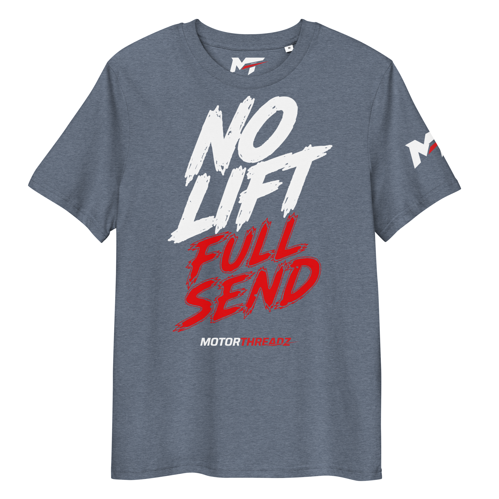 Motorthreadz No Lift Full Send Motorsports t-shirt in Dark Heather Blue featuring a racing inspired graphic design