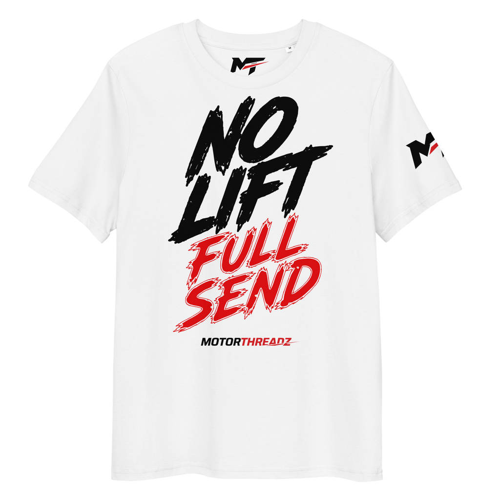 Motorthreadz No Lift Full Send Motorsports t-shirt in White featuring a racing inspired graphic design