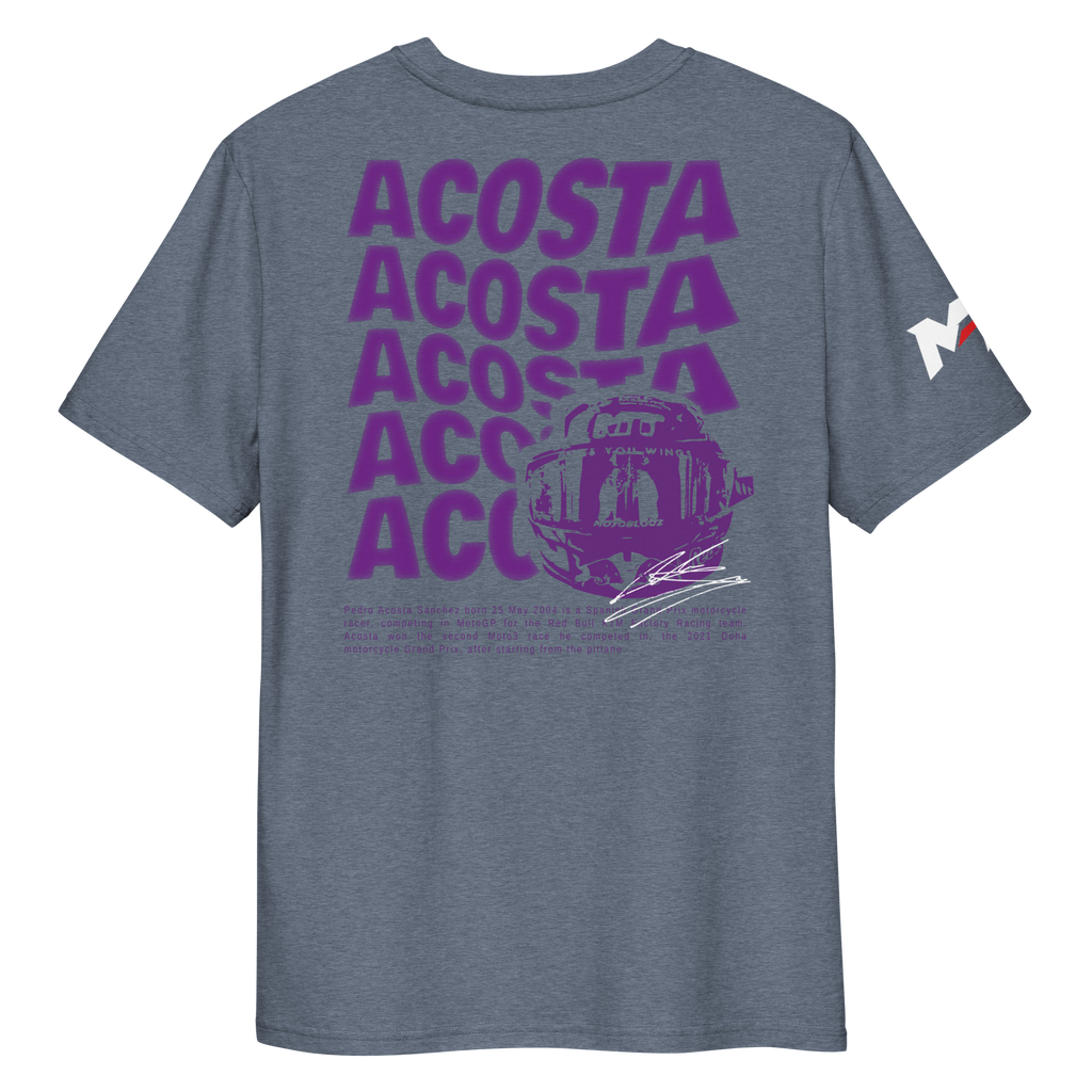 Motorthreadz Pedro Acosta Motogp t-shirt in Dark Heather Blue featuring a racing inspired graphic design