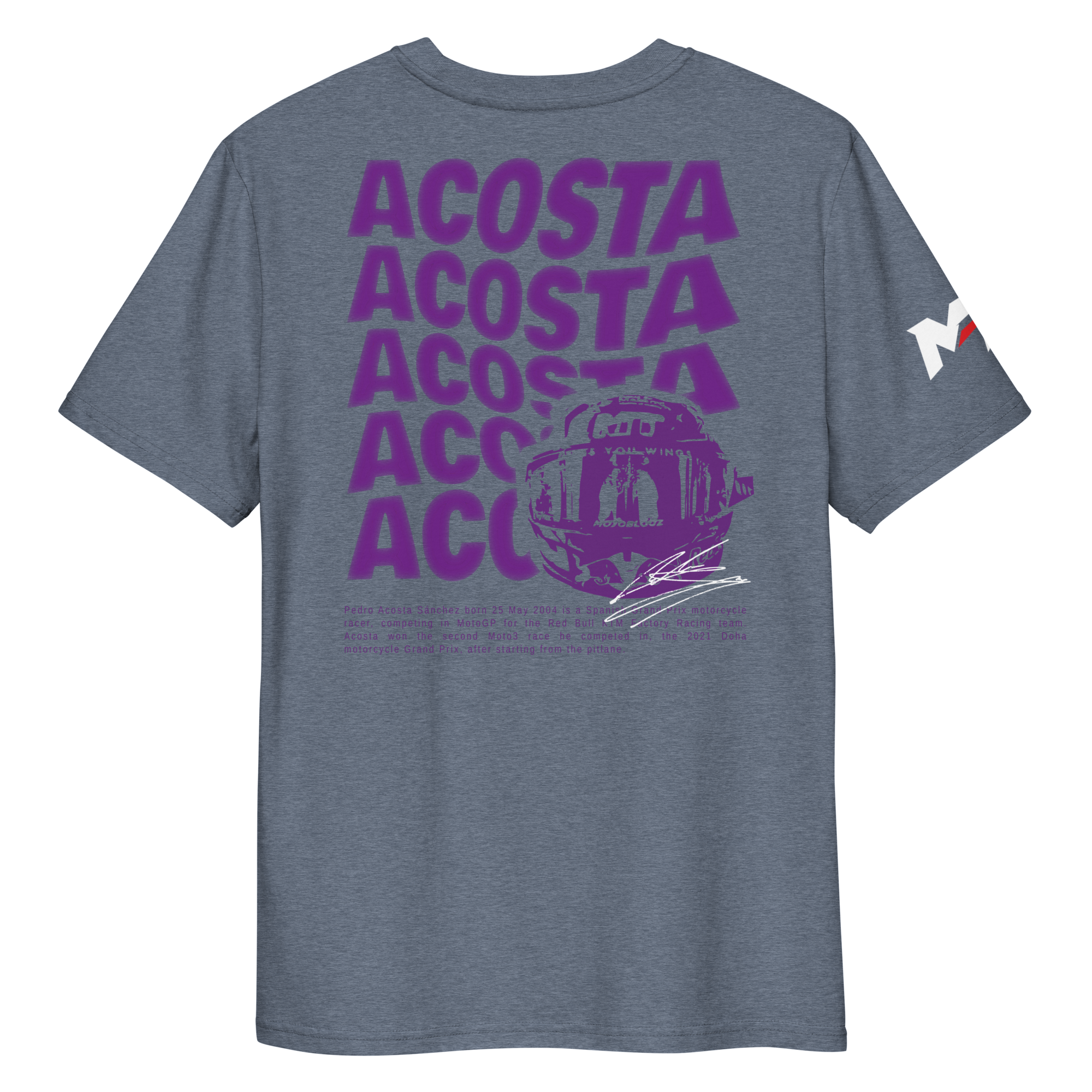 Motorthreadz Pedro Acosta Motogp t-shirt in Dark Heather Blue featuring a racing inspired graphic design