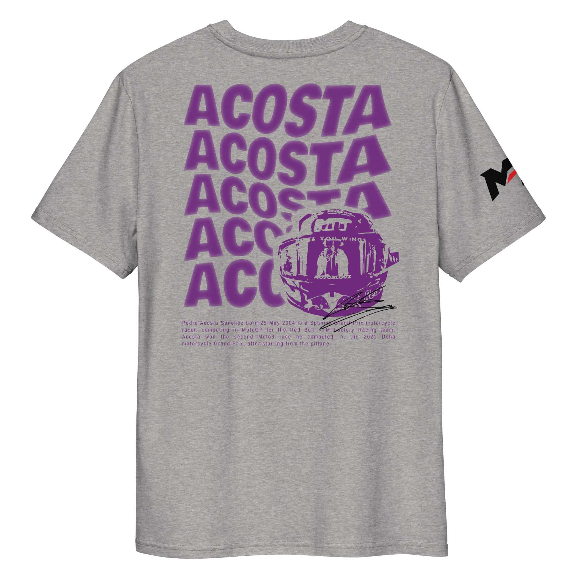 Motorthreadz Pedro Acosta Motogp t-shirt in Heather Grey featuring a racing inspired graphic design