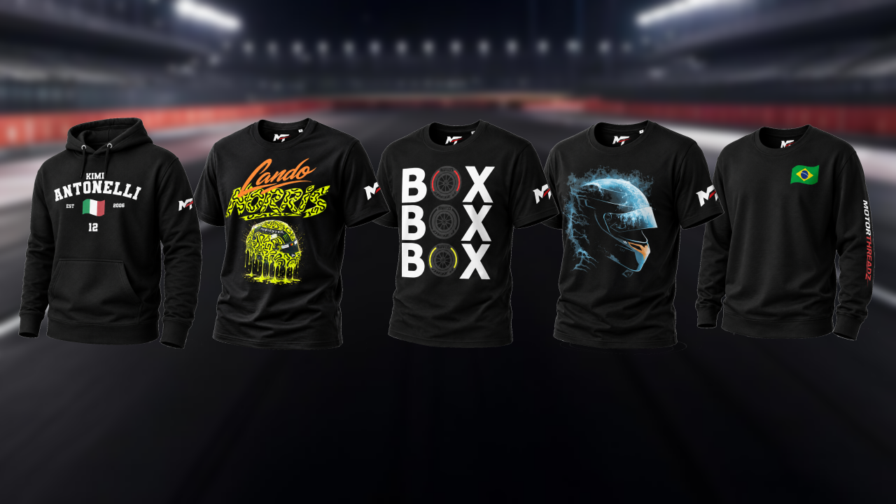 Motorthreadz Formula 1 slideshow image of t-shirts and hoodies with various designs and text on a dark background