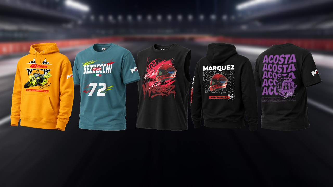 Motorthreadz MotoGP slideshow image of t-shirts and hoodies with various designs and text on a dark background