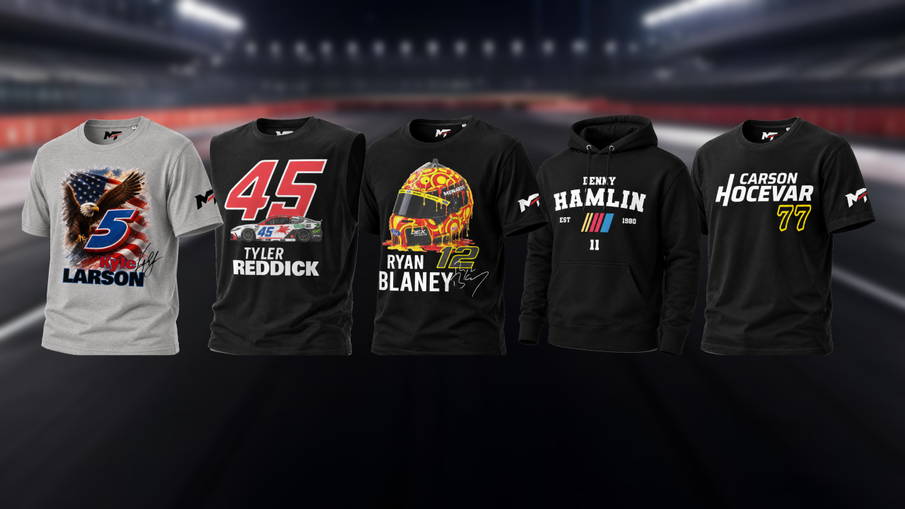 Motorthreadz NASCAR slideshow image of t-shirts and hoodies with various designs and text on a dark background