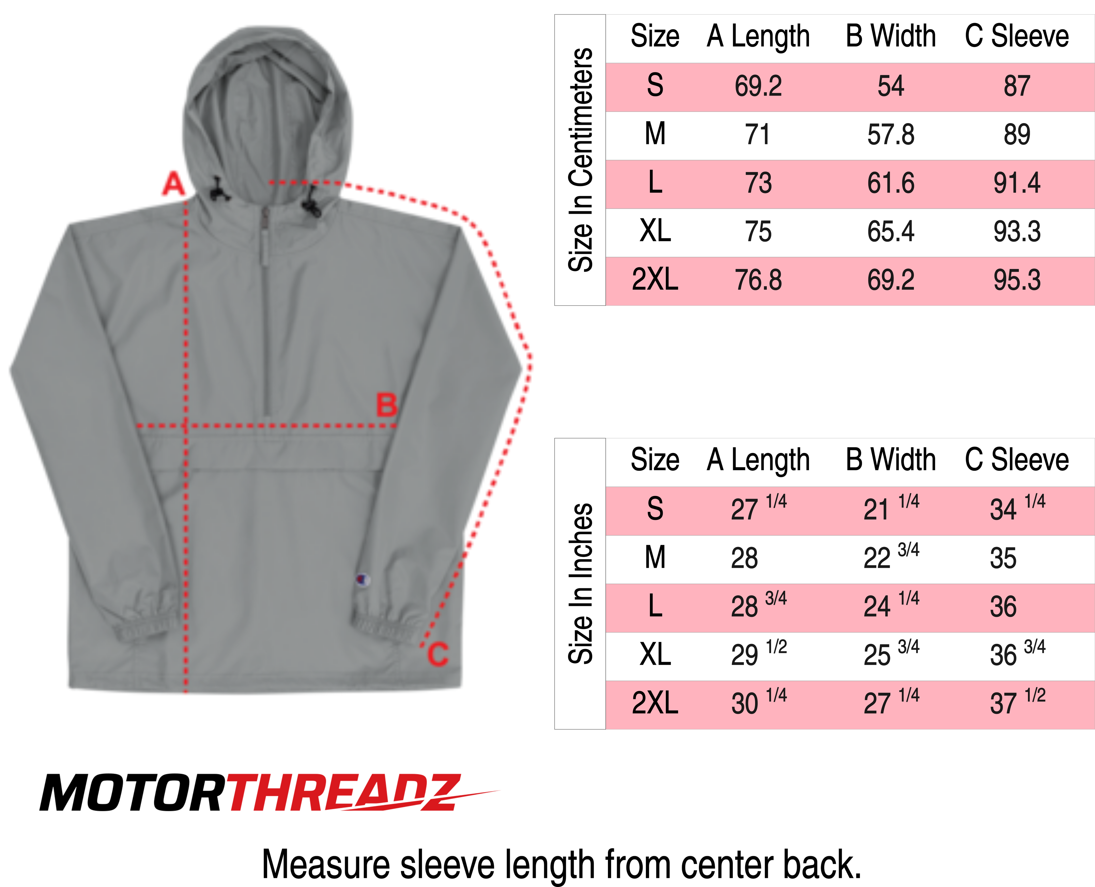 Motorthreadz Champion Anorak size charts on a white background with measurements in centimeters and inches