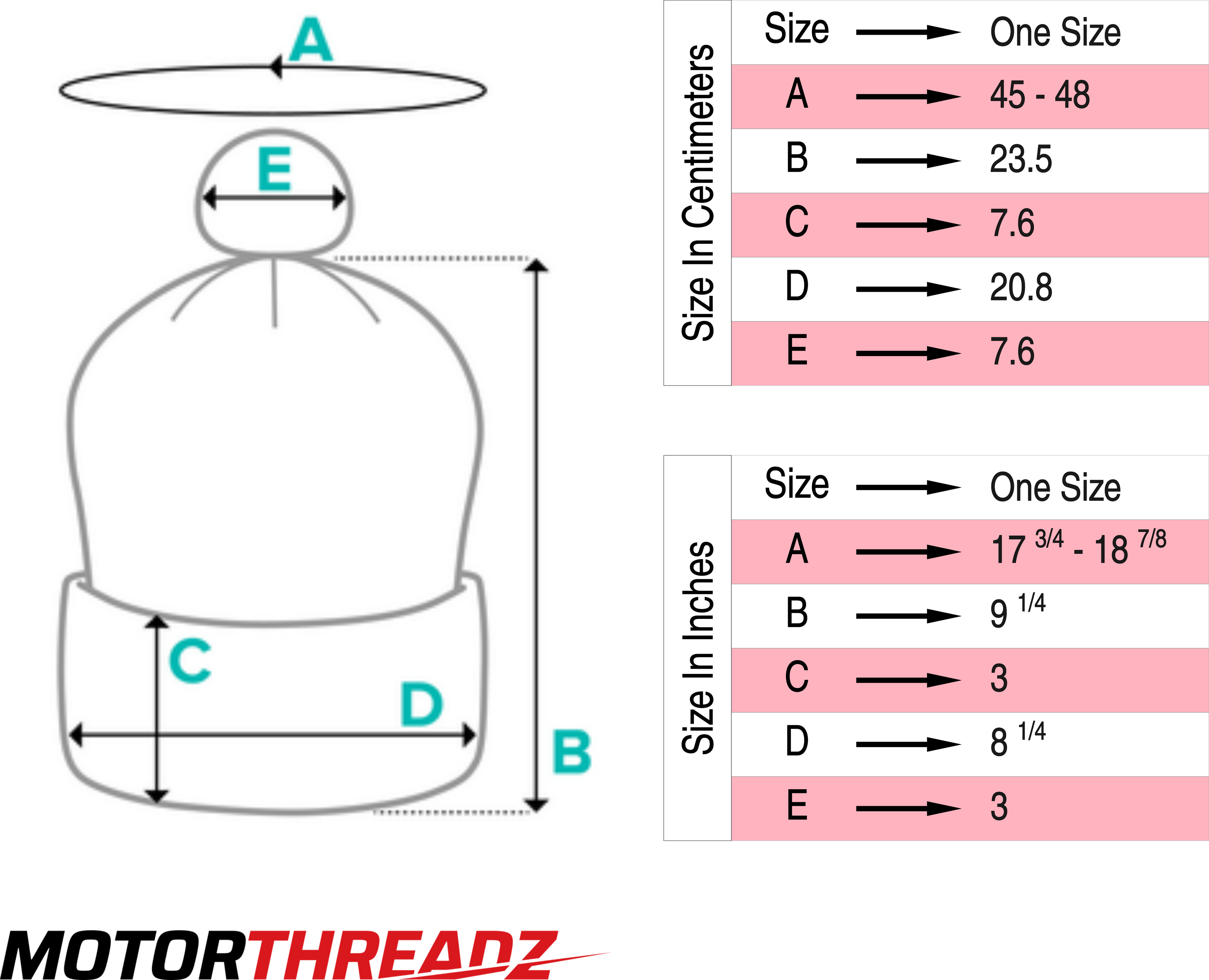 Motorthreadz Beanie size charts on a white background with measurements in centimeters and inches