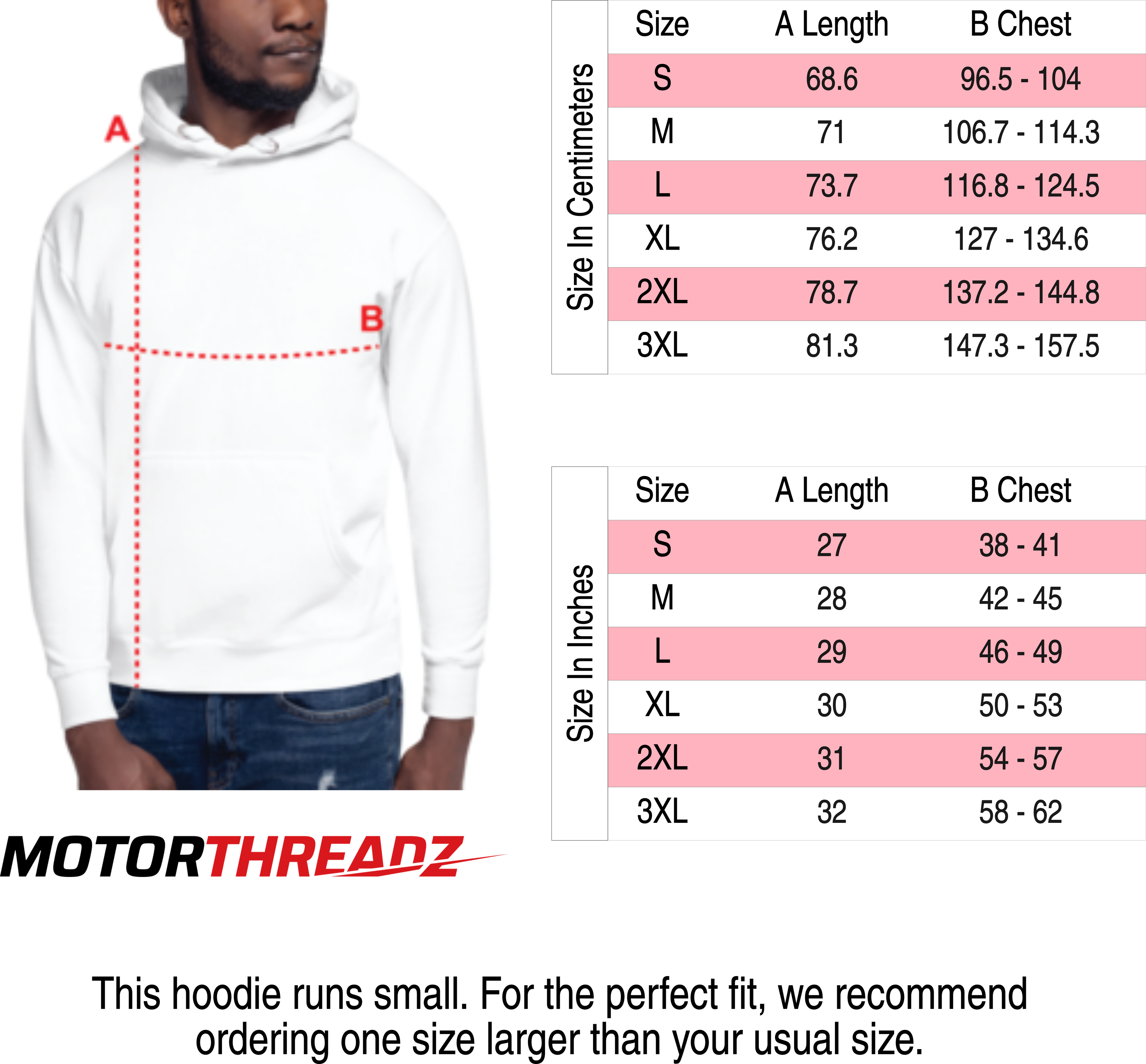 Motorthreadz Hoodie size charts on a white background with measurements in centimeters and inches