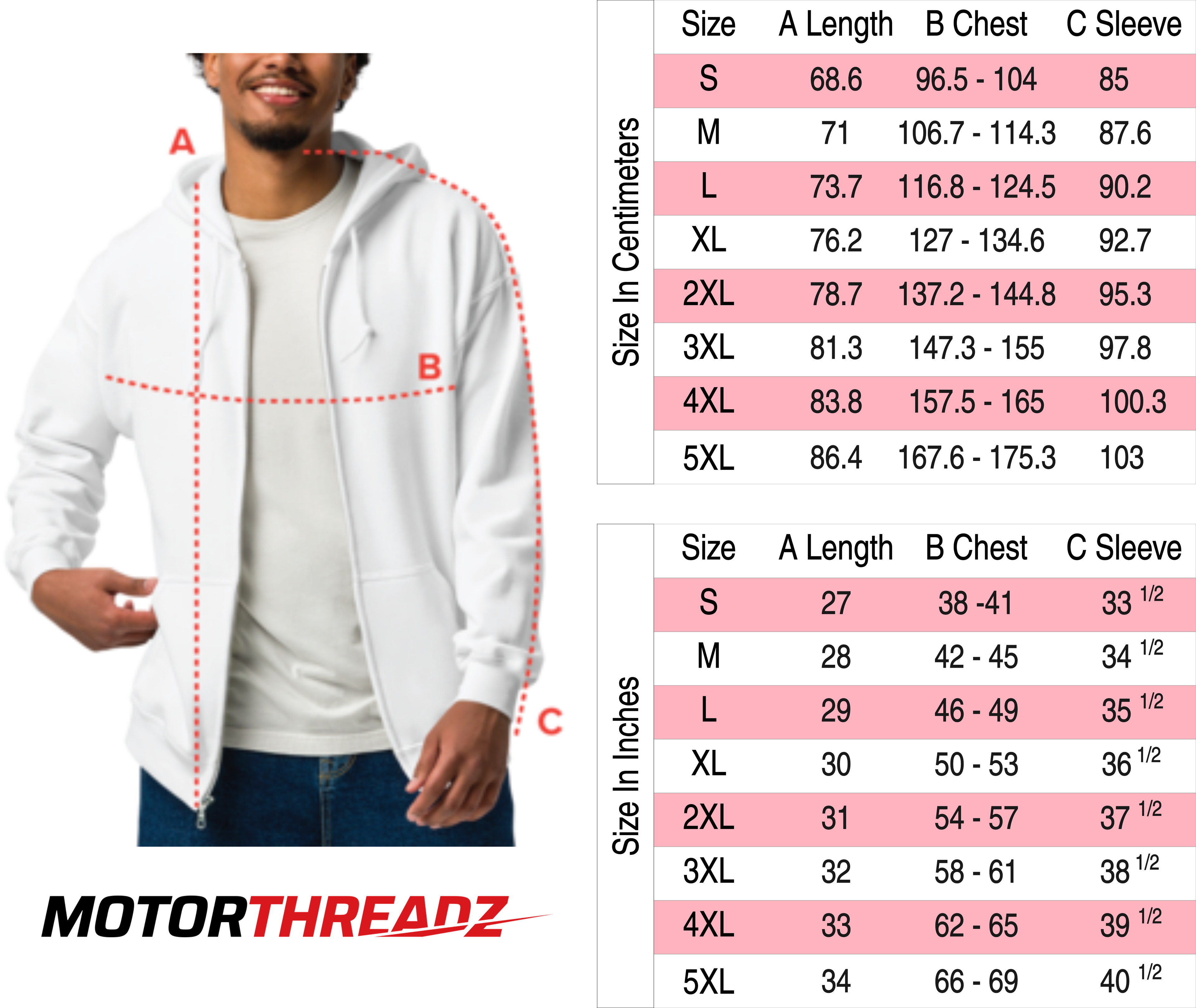 Motorthreadz Zip Hoodie size charts on a white background with measurements in centimeters and inches