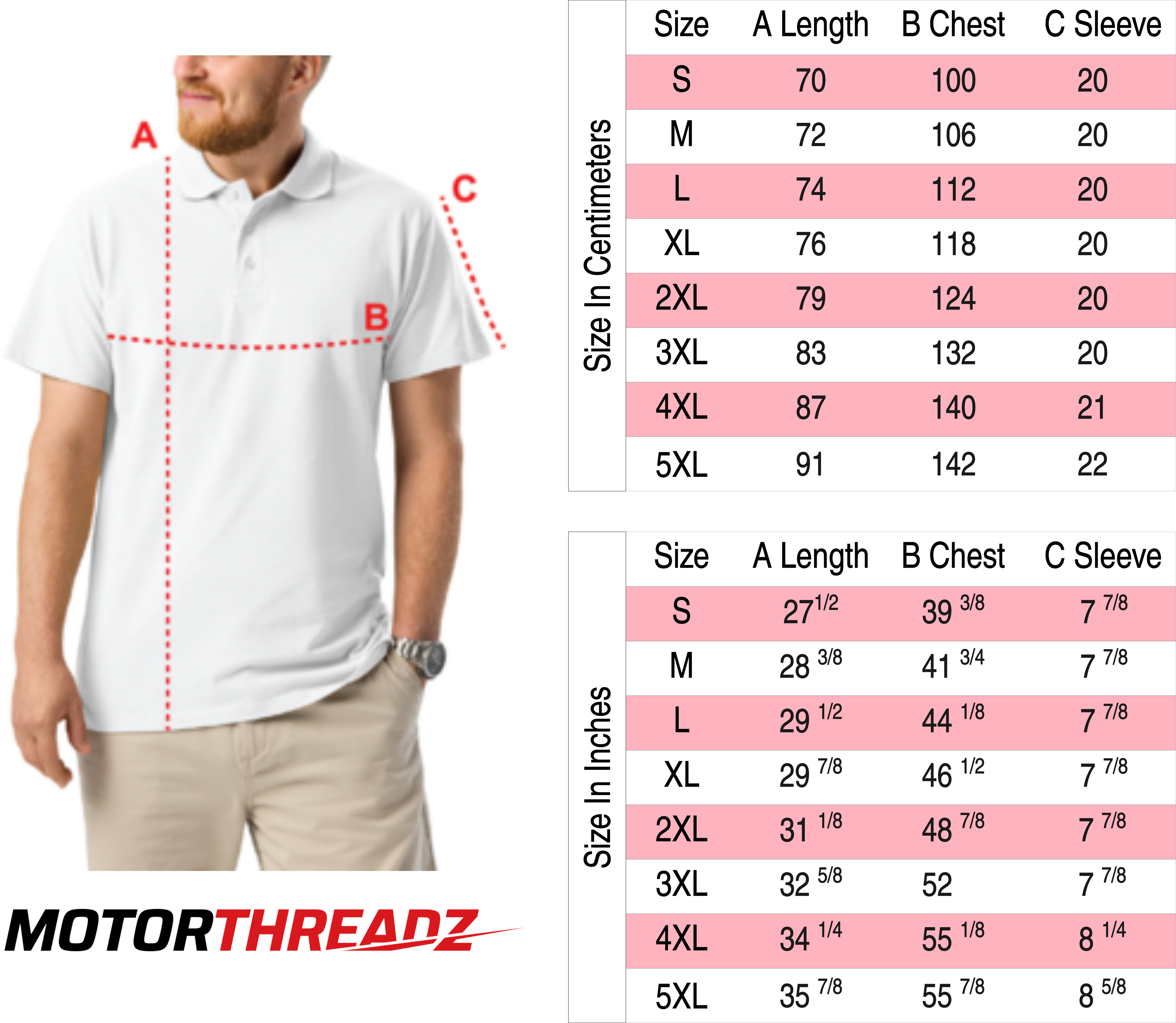 Motorthreadz Polo Shirt size charts on a white background with measurements in centimeters and inches