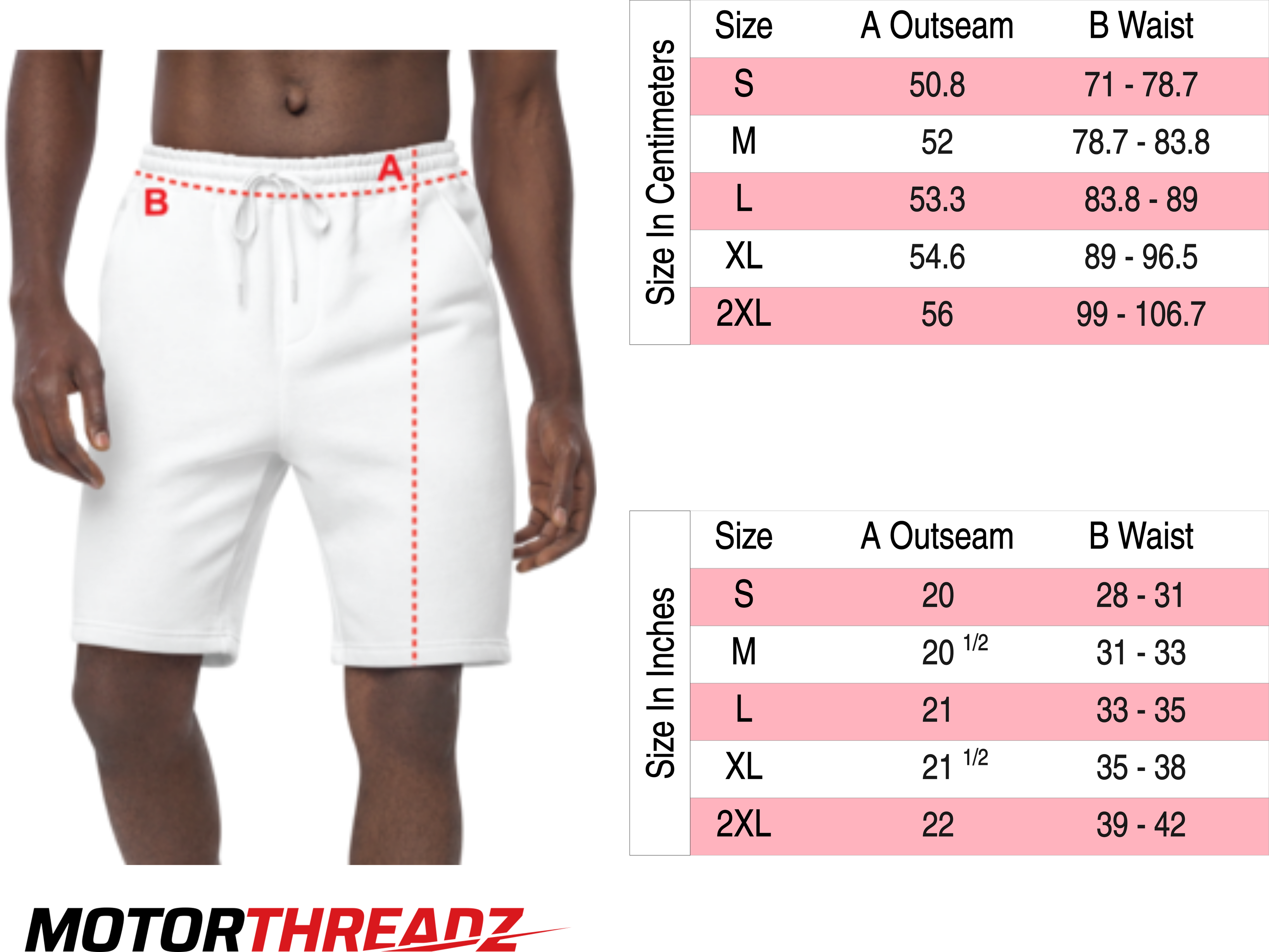 Motorthreadz Shorts size charts on a white background with measurements in centimeters and inches
