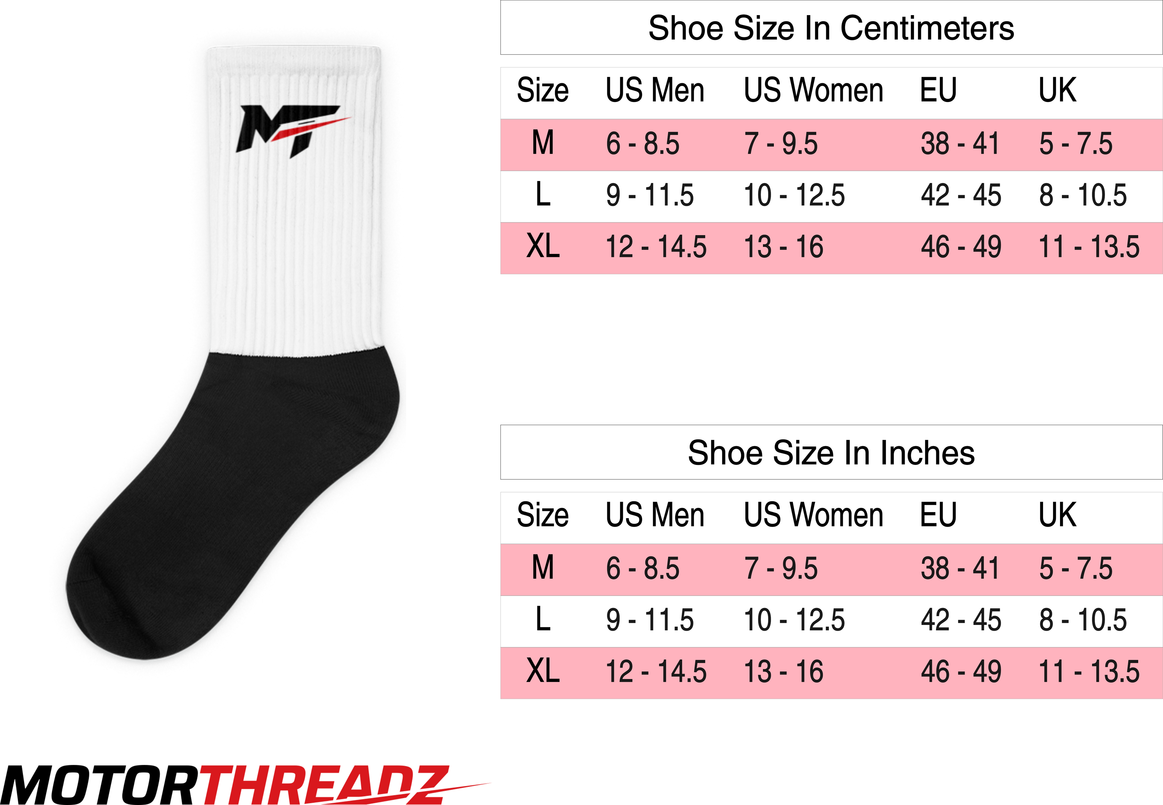 Motorthreadz Socks size charts on a white background with measurements in centimeters and inches