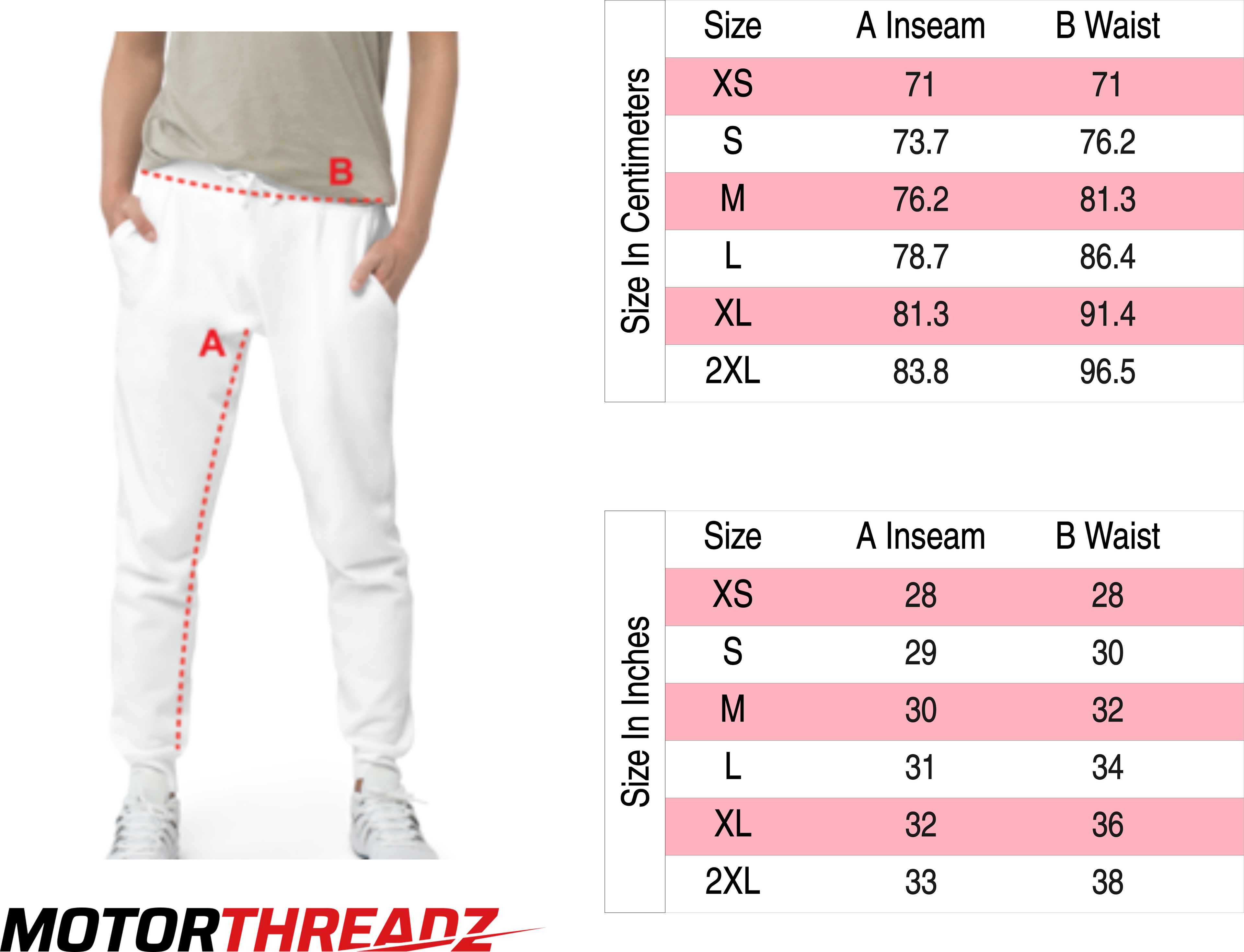 Motorthreadz Fleece Sweatpants size charts on a white background with measurements in centimeters and inches
