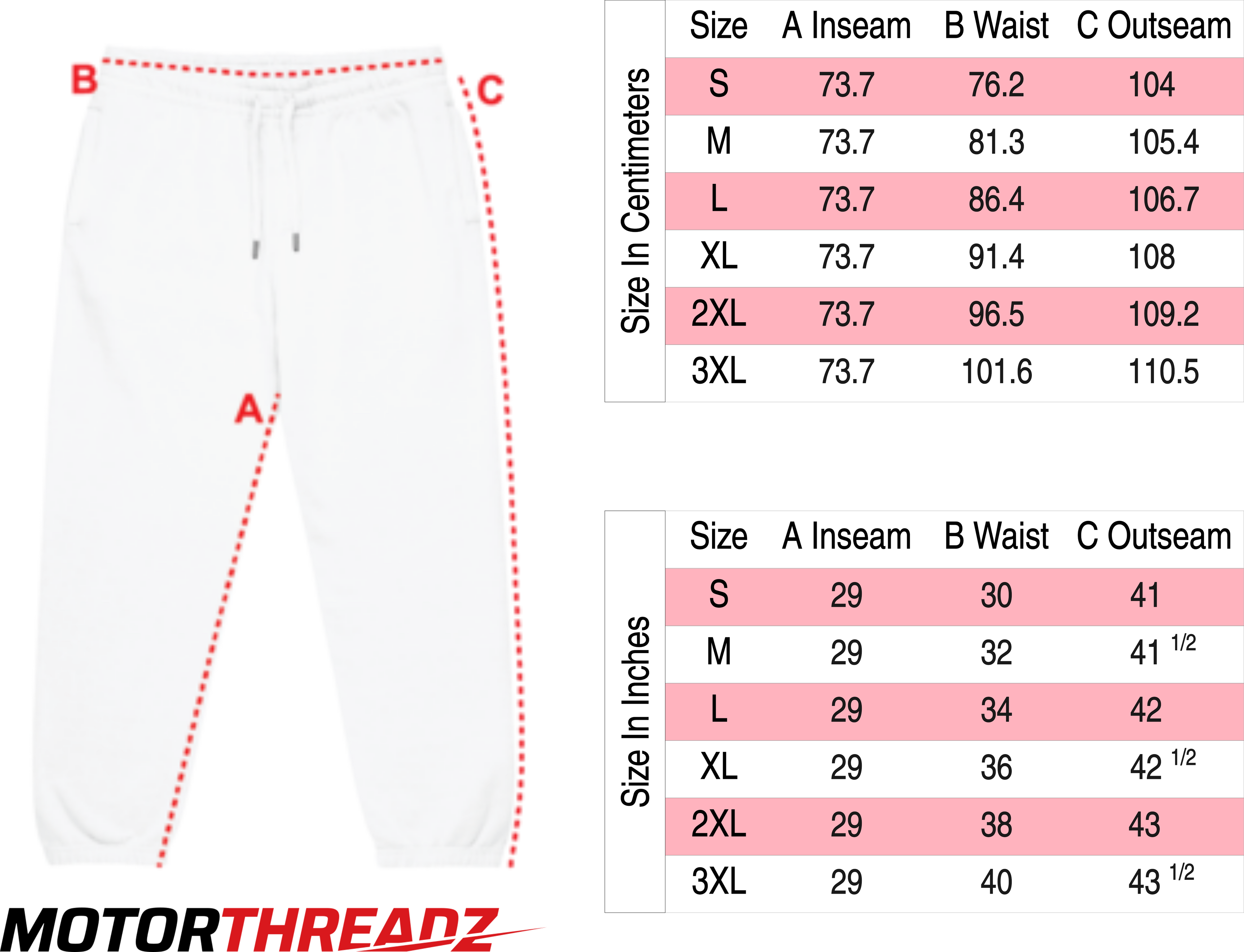 Motorthreadz Relaxed Fit Sweatpants size charts on a white background with measurements in centimeters and inches